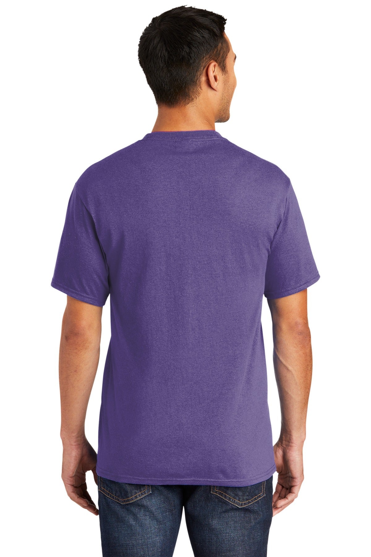 Tall male model 6,3 wearing a medium purple port company T shirt durable soft and comfortable 50/50 cotton poly Tee showing the back of the shirt against a white background