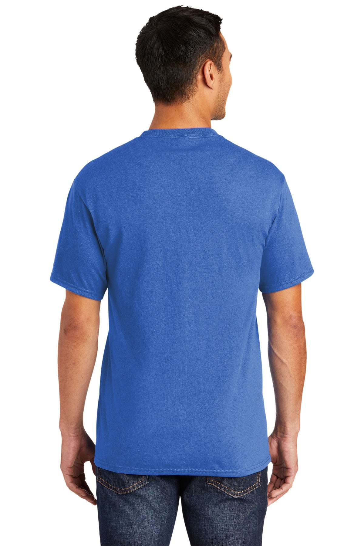 Tall male model 6,3 wearing a medium royal port company T shirt durable soft and comfortable 50/50 cotton poly Tee showing the back of the shirt against a white background