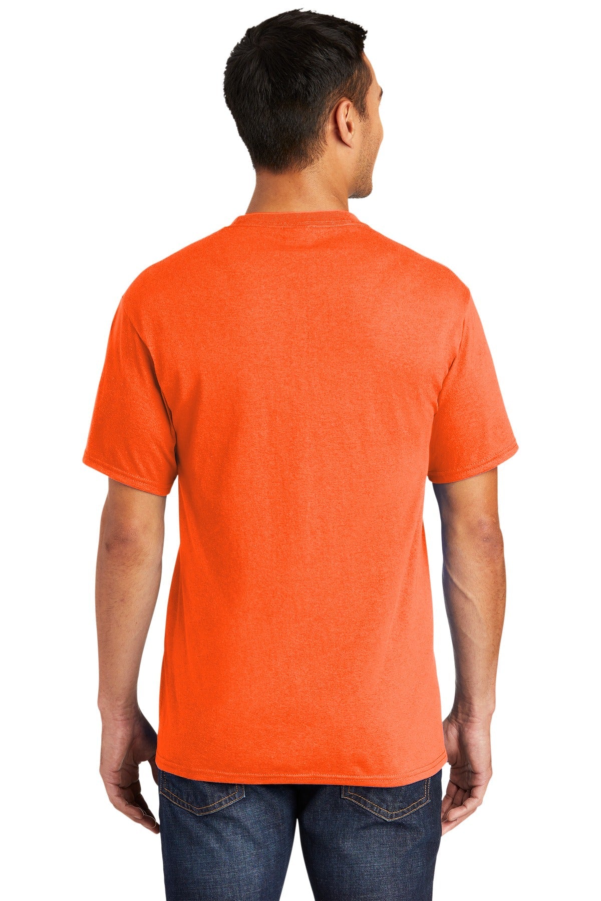Tall male model 6,3 wearing a medium safety orange port company T shirt durable soft and comfortable 50/50 cotton poly Tee showing the back of the shirt against a white background