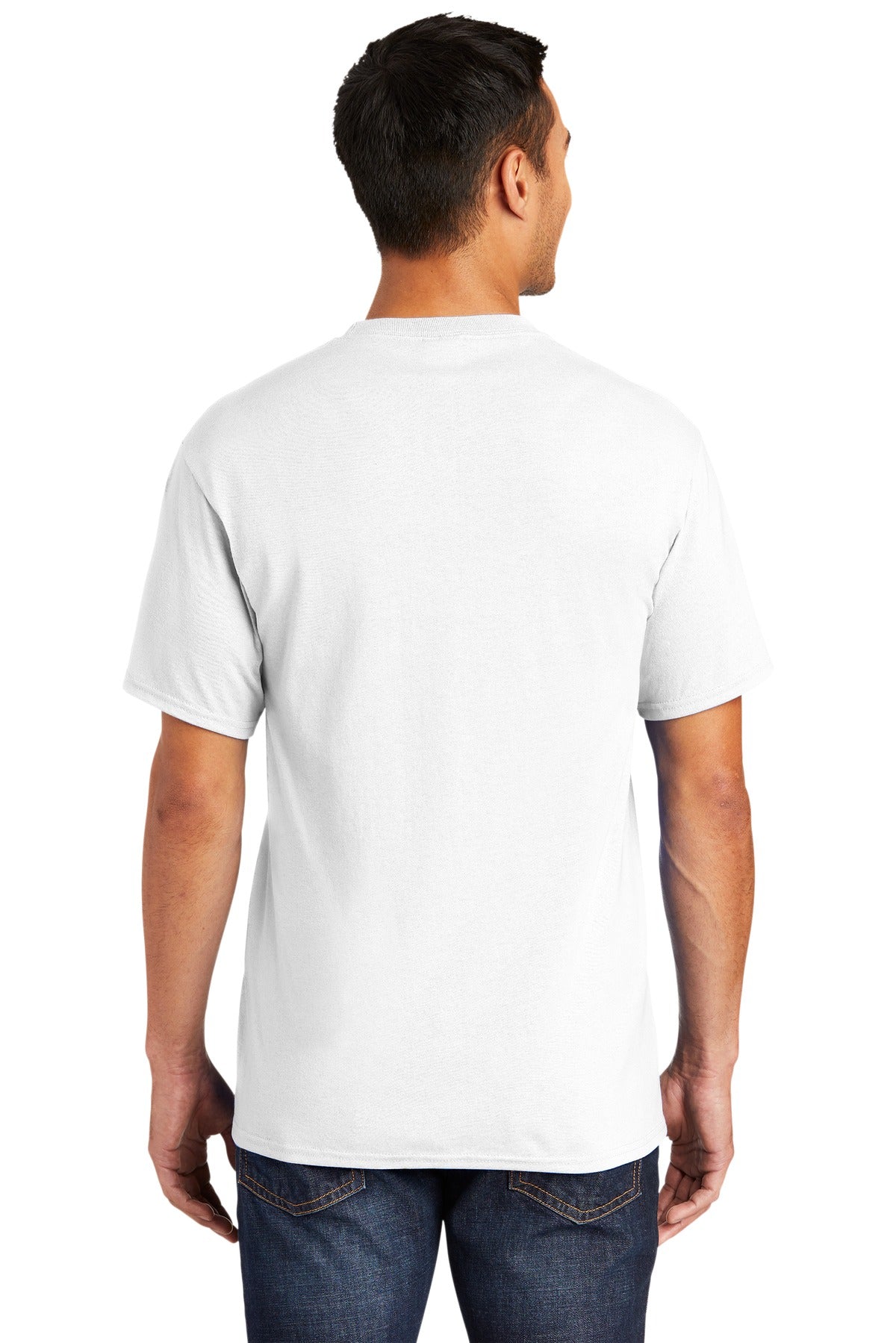 Tall male model 6,3 wearing a medium white port company T shirt durable soft and comfortable 50/50 cotton poly Tee showing the back of the shirt against a white background