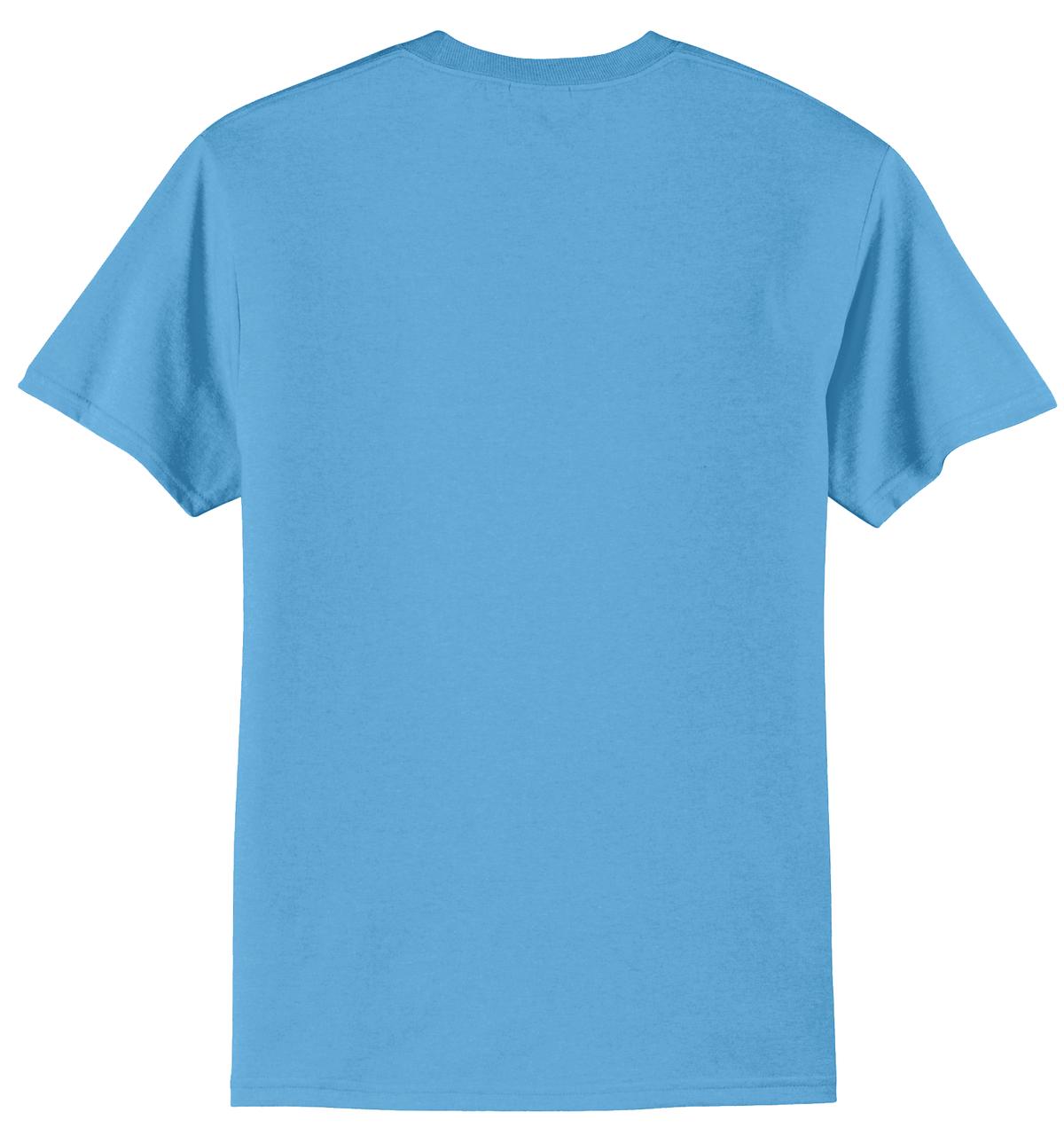 Port company aquatic blue T shirt 50/50 cotton poly soft comfortable and durable tee showing the back of the shirt against a white background