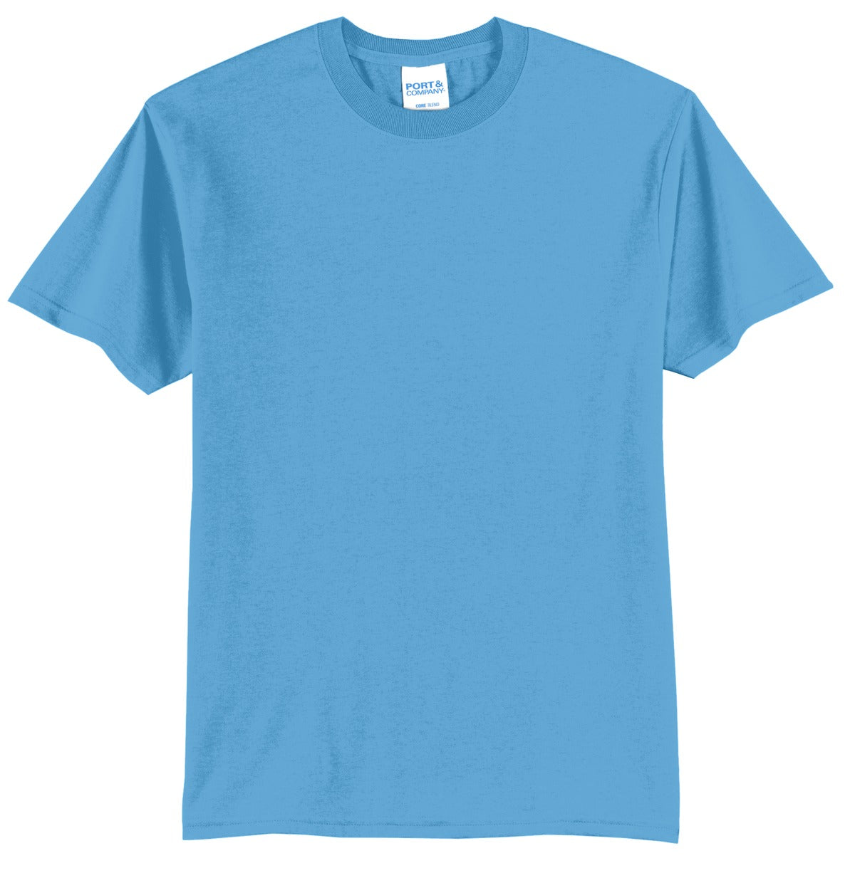 Port company aquatic blue T shirt 50/50 cotton poly soft comfortable and durable tee against a white background
