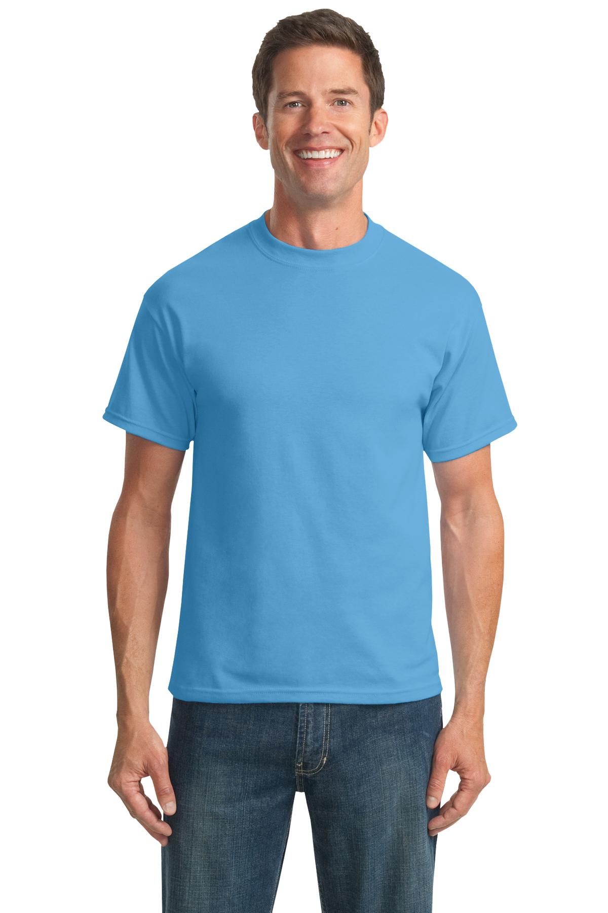 Tall male model 6,3 wearing a medium aquatic blue port company T shirt durable soft and comfortable 50/50 cotton poly Tee against a white background