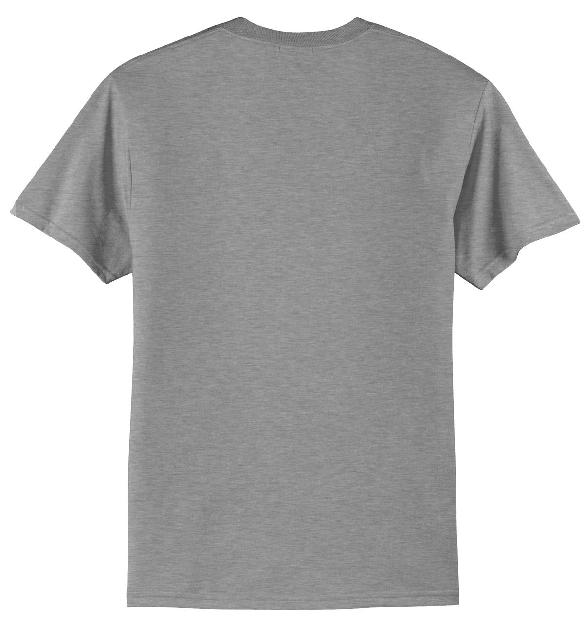 Port company athletic heather T shirt 50/50 cotton poly soft comfortable and durable tee showing the back of the shirt against a white background