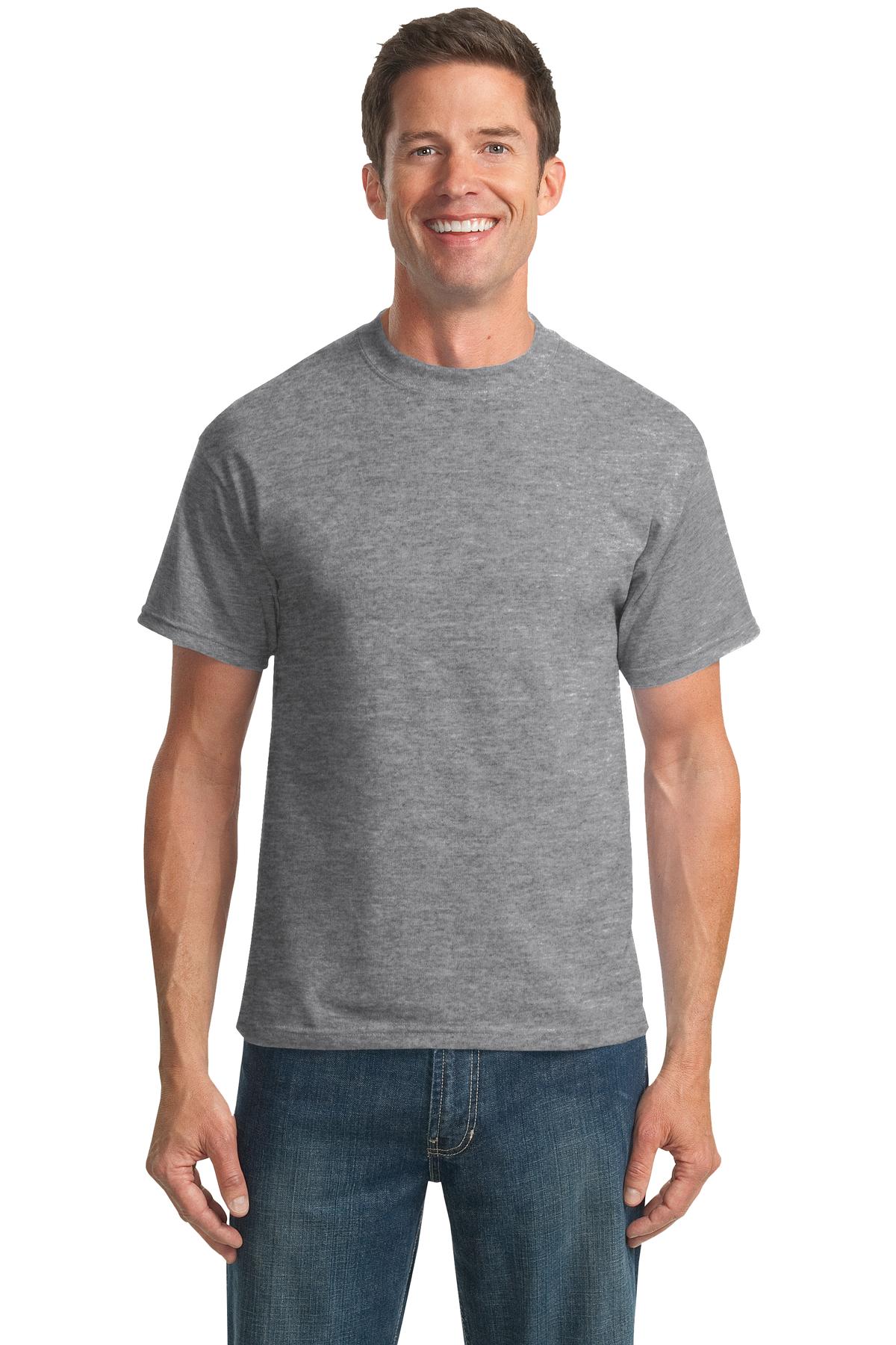 Tall male model 6,3 wearing a medium athletic heather port company T shirt durable soft and comfortable 50/50 cotton poly Tee against a white background