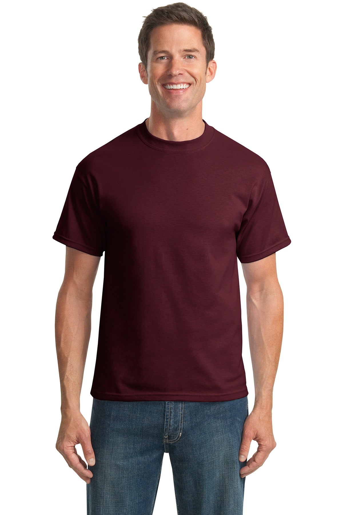 Tall male model 6,3 wearing a medium athletic maroon port company T shirt durable soft and comfortable 50/50 cotton poly Tee against a white background