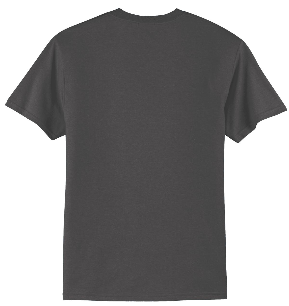 Port company charcoal T shirt 50/50 cotton poly soft comfortable and durable tee showing the back of the shirt against a white background