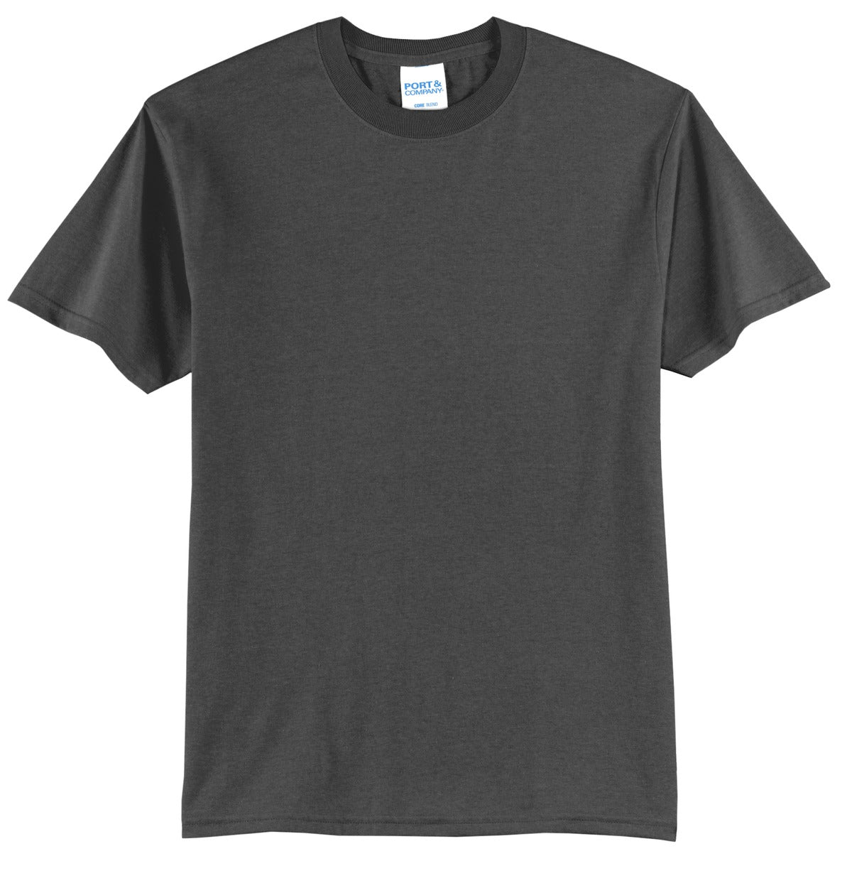 Port company charcoal T shirt 50/50 cotton poly soft comfortable and durable tee against a white background
