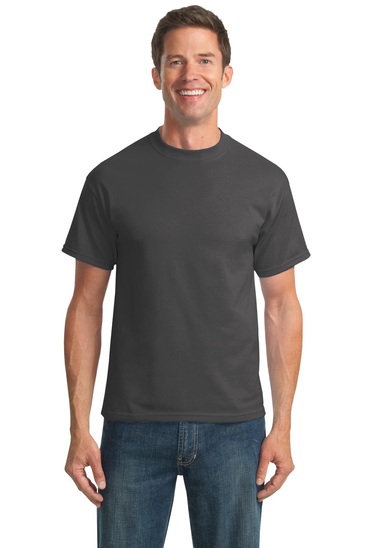 Tall male model 6,3 wearing a medium charcoal port company T shirt durable soft and comfortable 50/50 cotton poly Tee against a white background