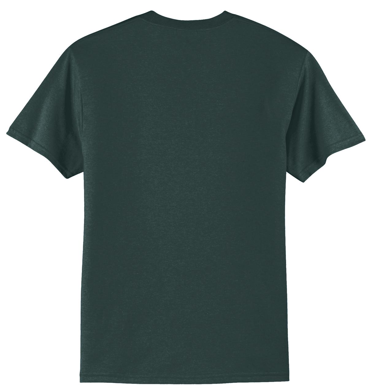 Port company dark green T shirt 50/50 cotton poly soft comfortable and durable tee showing the back of the shirt against a white background