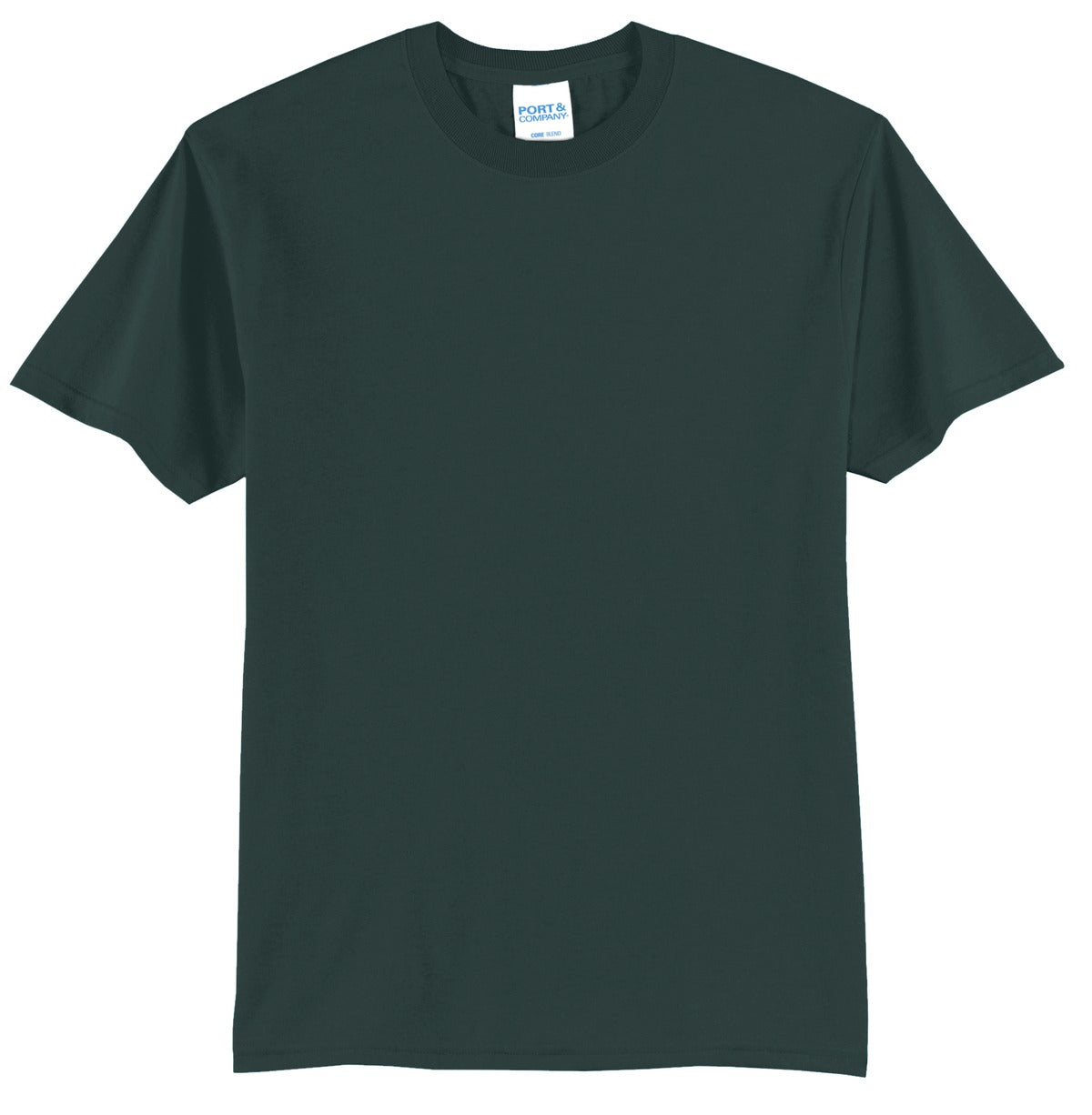 Port company dark green T shirt 50/50 cotton poly soft comfortable and durable tee against a white background
