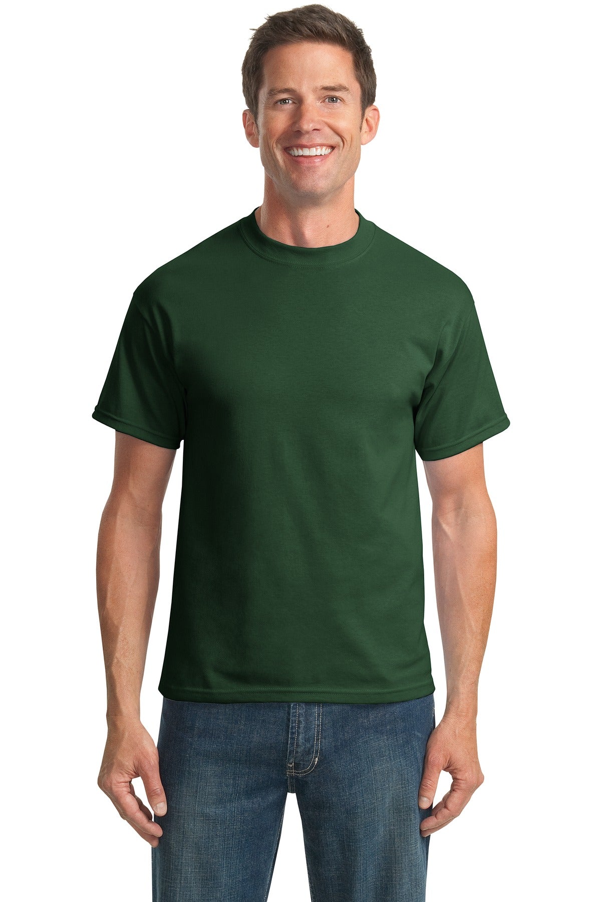 Tall male model 6,3 wearing a medium dark green port company T shirt durable soft and comfortable 50/50 cotton poly Tee against a white background