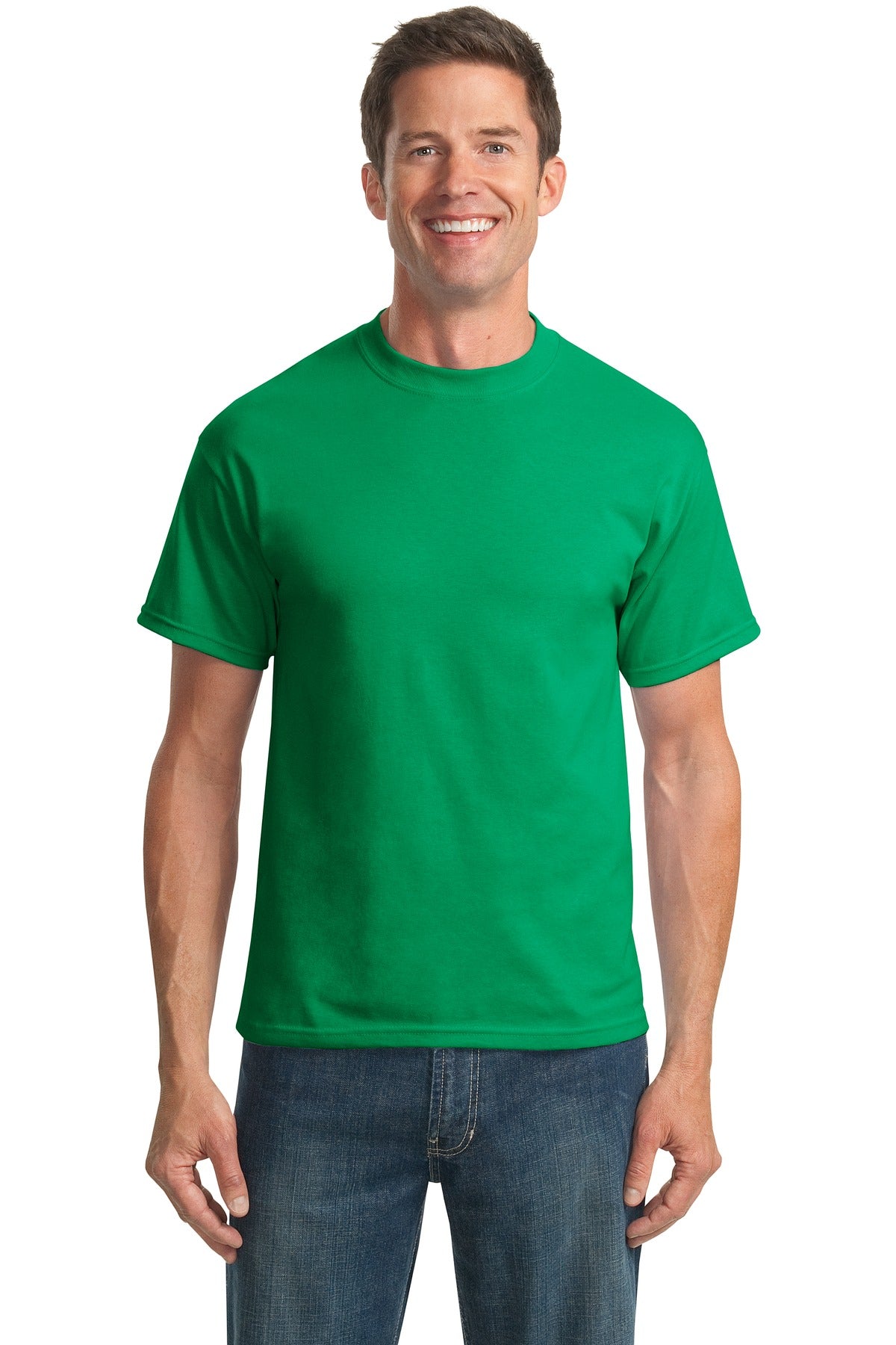 Tall male model 6,3 wearing a medium kelly green port company T shirt durable soft and comfortable 50/50 cotton poly Tee against a white background