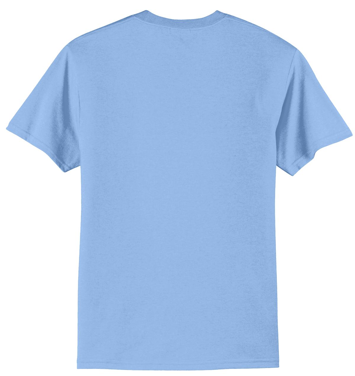 Port company light blue T shirt 50/50 cotton poly soft comfortable and durable tee showing the back of the shirt against a white background