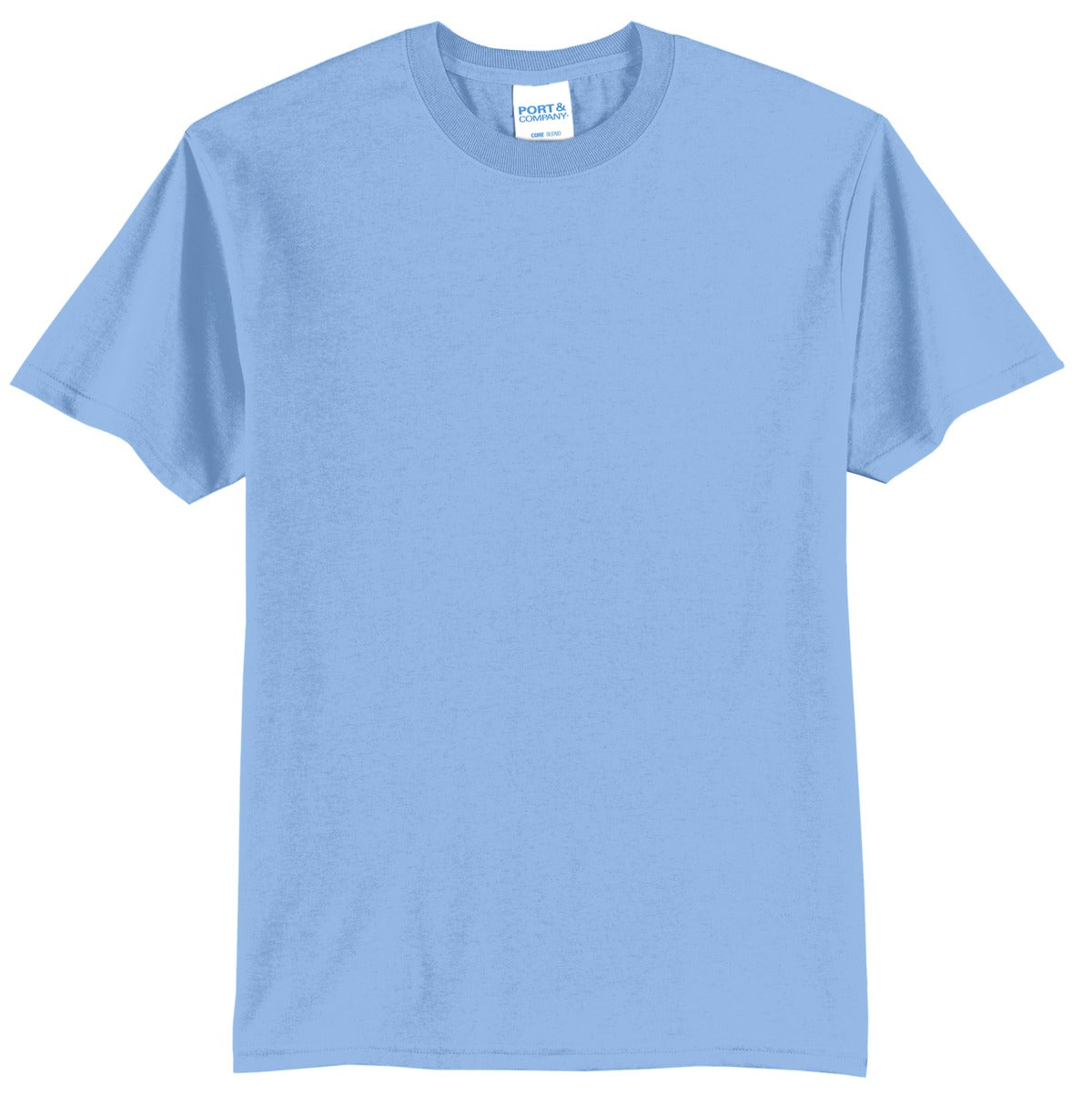 Port company light blue T shirt 50/50 cotton poly soft comfortable and durable tee against a white background