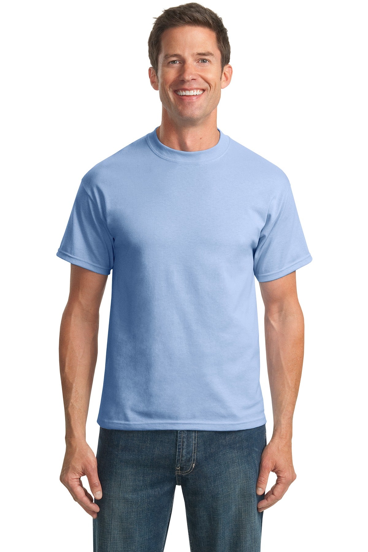 Tall male model 6,3 wearing a medium light blue port company T shirt durable soft and comfortable 50/50 cotton poly Tee against a white background