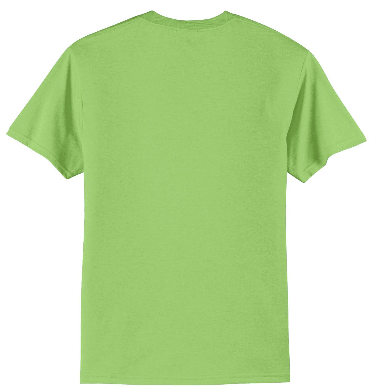 Port company lime T shirt 50/50 cotton poly soft comfortable and durable tee showing the back of the shirt against a white background