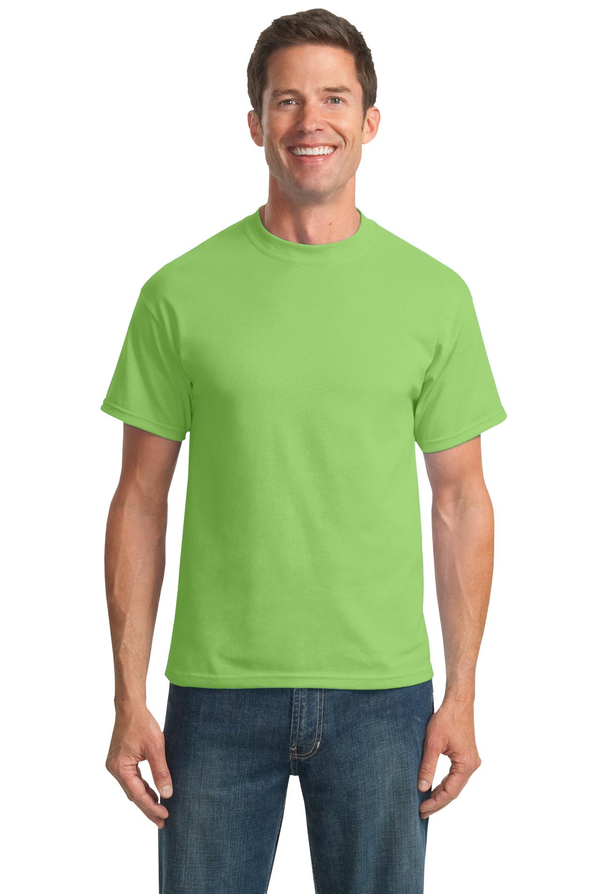 Tall male model 6,3 wearing a medium lime port company T shirt durable soft and comfortable 50/50 cotton poly Tee against a white background