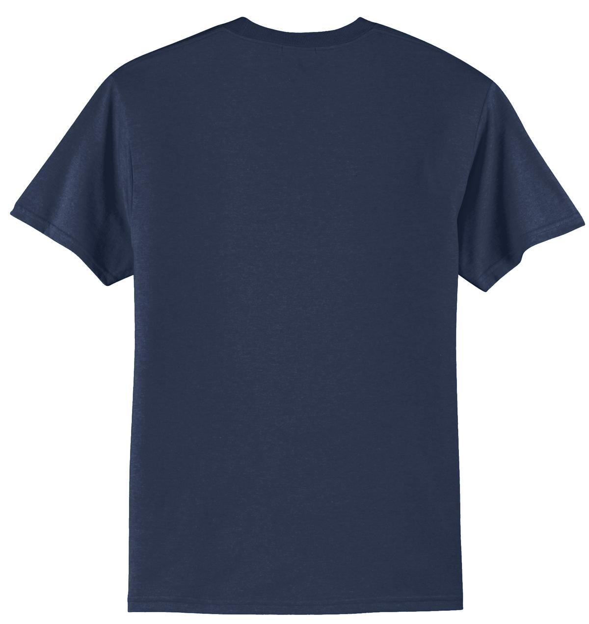 Port company navy T shirt 50/50 cotton poly soft comfortable and durable tee showing the back of the shirt against a white background