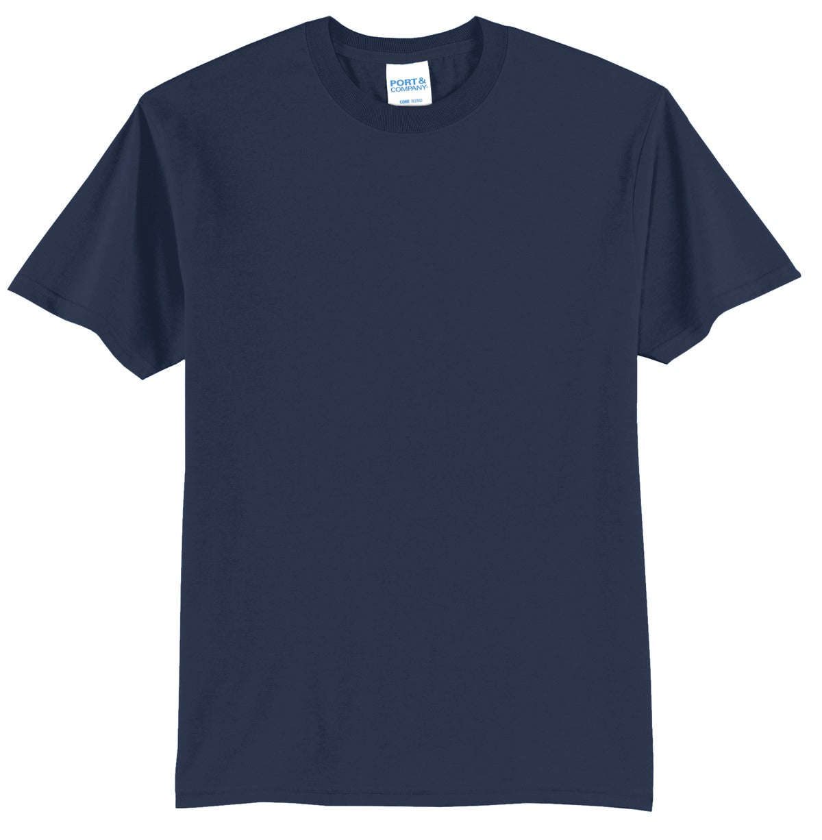 Port company navy T shirt 50/50 cotton poly soft comfortable and durable tee against a white background