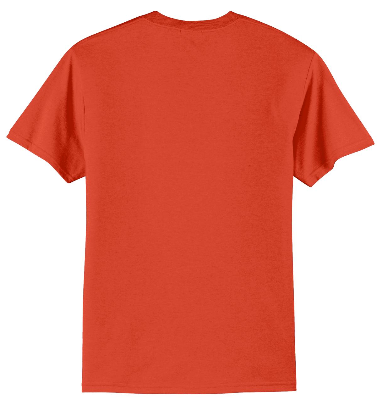 Port company orange T shirt 50/50 cotton poly soft comfortable and durable tee showing the back of the shirt against a white background