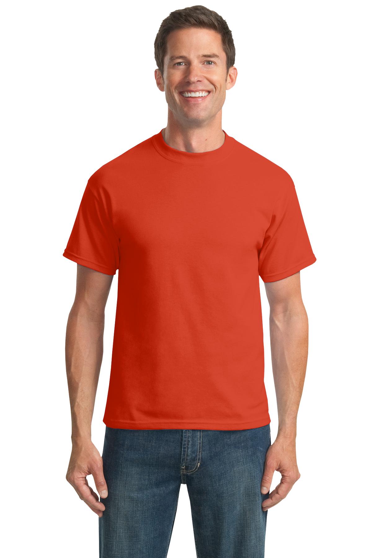 Tall male model 6,3 wearing a medium orange port company T shirt durable soft and comfortable 50/50 cotton poly Tee against a white background