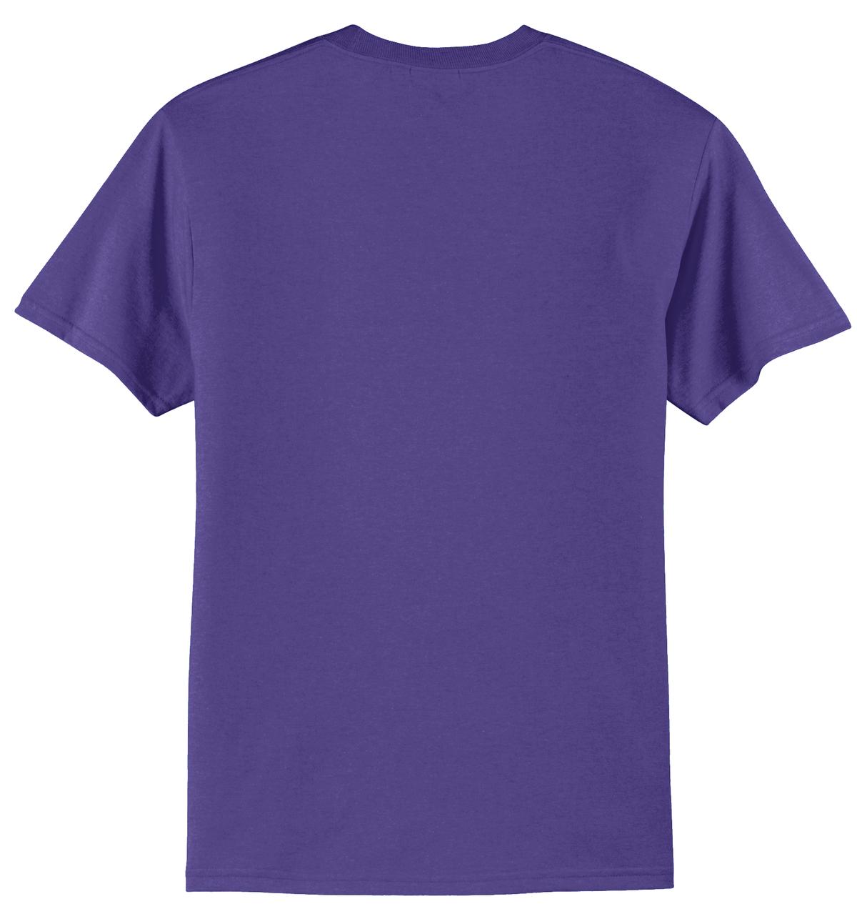 Port company purple T shirt 50/50 cotton poly soft comfortable and durable tee showing the back of the shirt against a white background