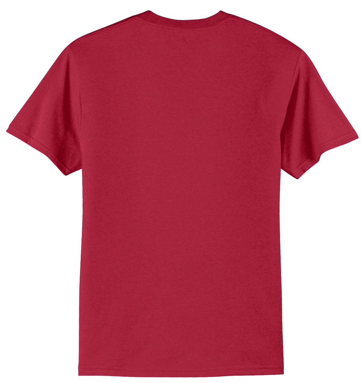 Port company red T shirt 50/50 cotton poly soft comfortable and durable tee showing the back of the shirt against a white background