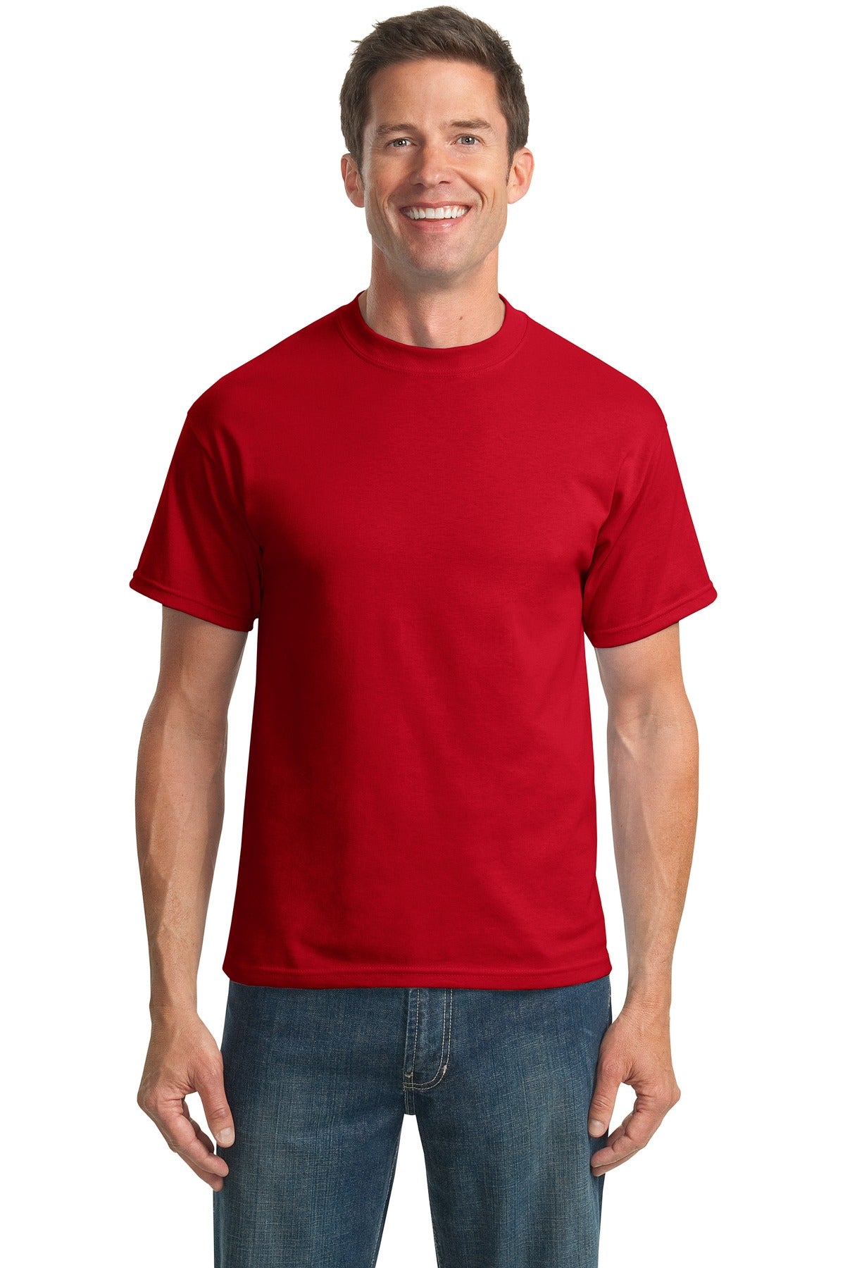 Tall male model 6,3 wearing a medium red port company T shirt durable soft and comfortable 50/50 cotton poly Tee against a white background