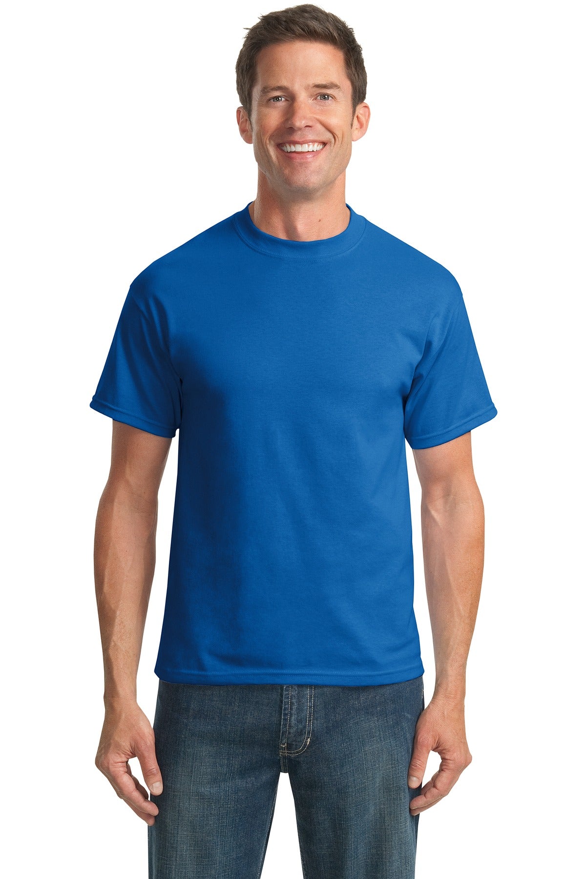Tall male model 6,3 wearing a medium royal port company T shirt durable soft and comfortable 50/50 cotton poly Tee against a white background