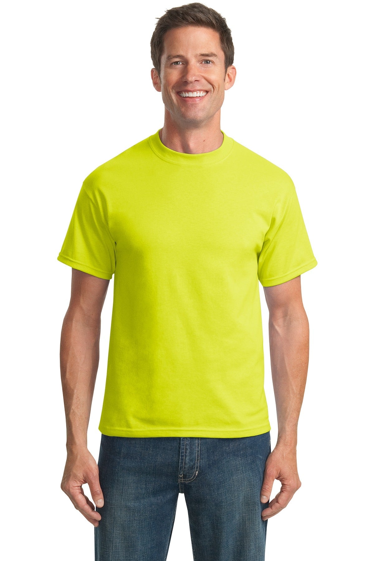 Tall male model 6,3 wearing a medium safety green port company T shirt durable soft and comfortable 50/50 cotton poly Tee against a white background