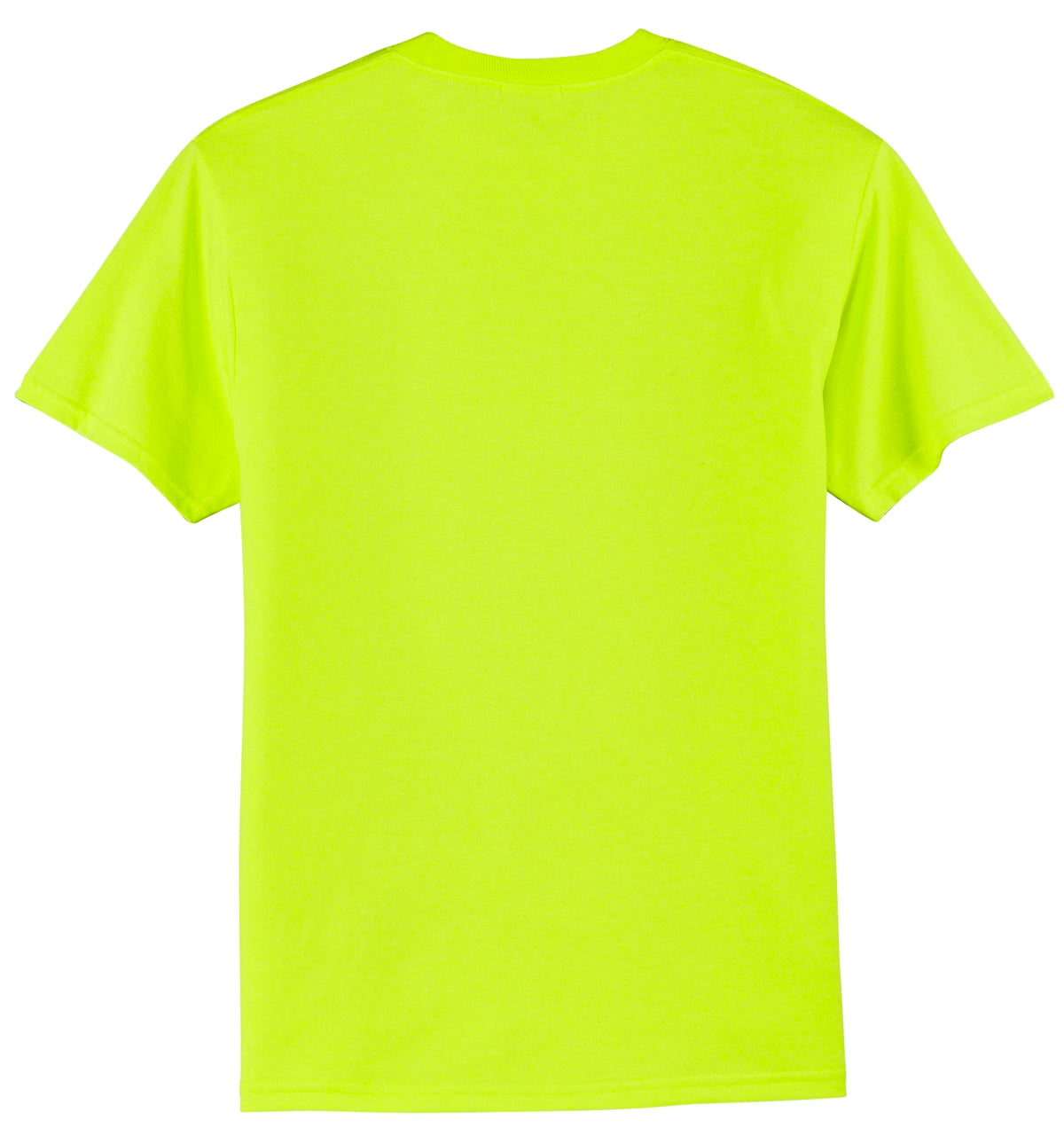 Port company safety green T shirt 50/50 cotton poly soft comfortable and durable tee showing the back of the shirt against a white background
