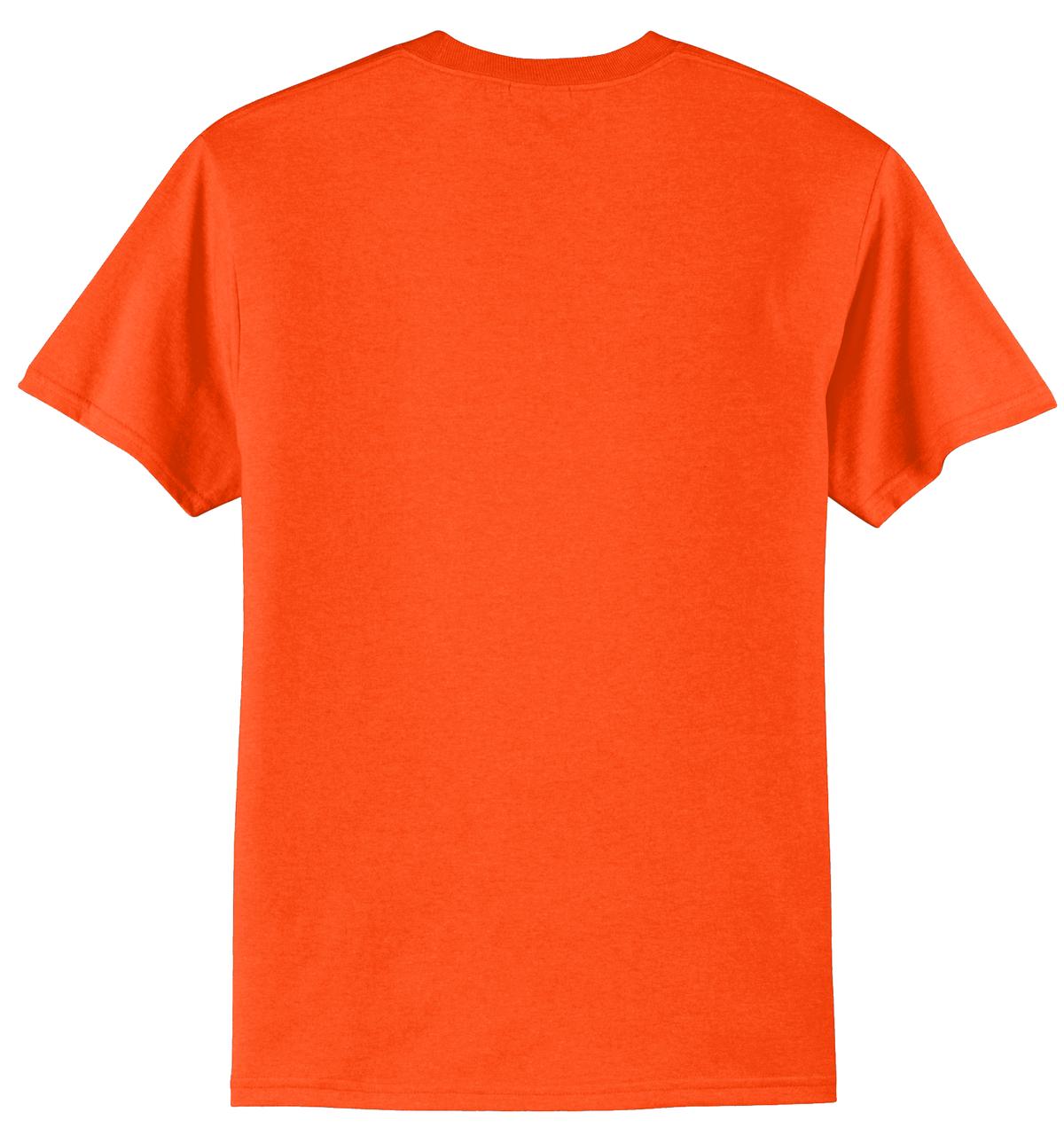 Port company safety orange T shirt 50/50 cotton poly soft comfortable and durable tee showing the back of the shirt against a white background