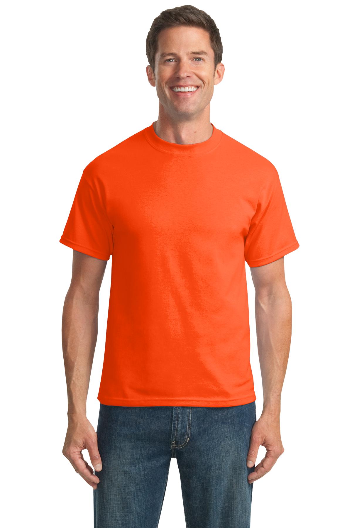 Tall male model 6,3 wearing a medium safety orange port company T shirt durable soft and comfortable 50/50 cotton poly Tee against a white background