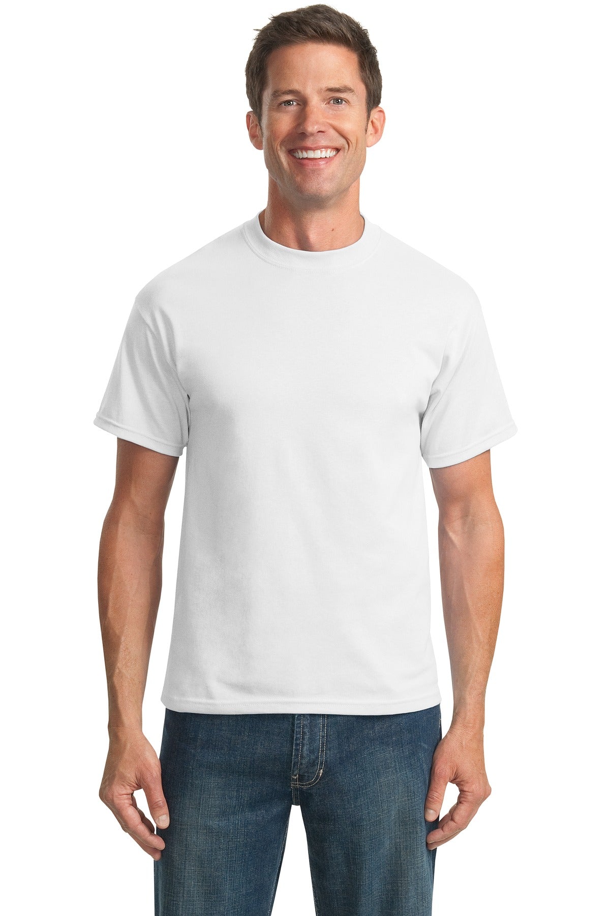 Tall male model 6,3 wearing a medium white port company T shirt durable soft and comfortable 50/50 cotton poly Tee against a white background