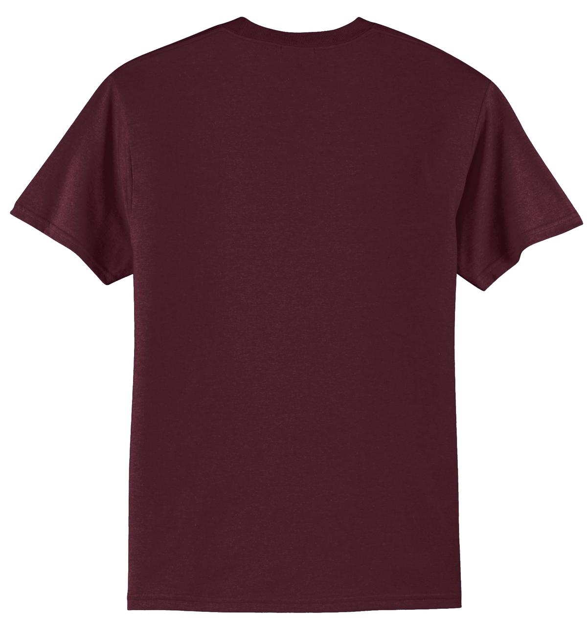 Port company athletic maroon T shirt 50/50 cotton poly soft comfortable and durable tee showing the back of the shirt against a white background