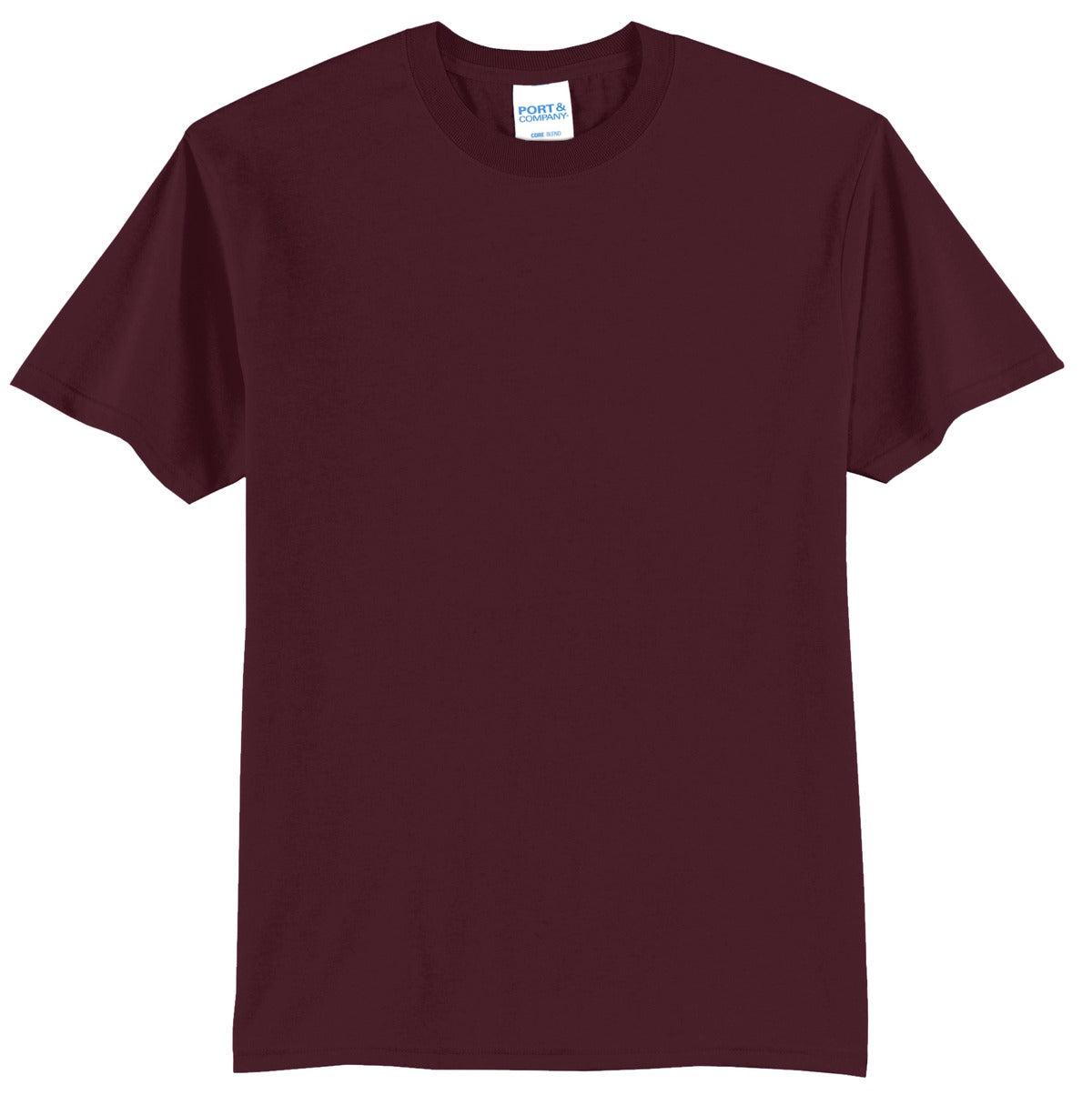 Port company athletic maroon T shirt 50/50 cotton poly soft comfortable and durable tee against a white background