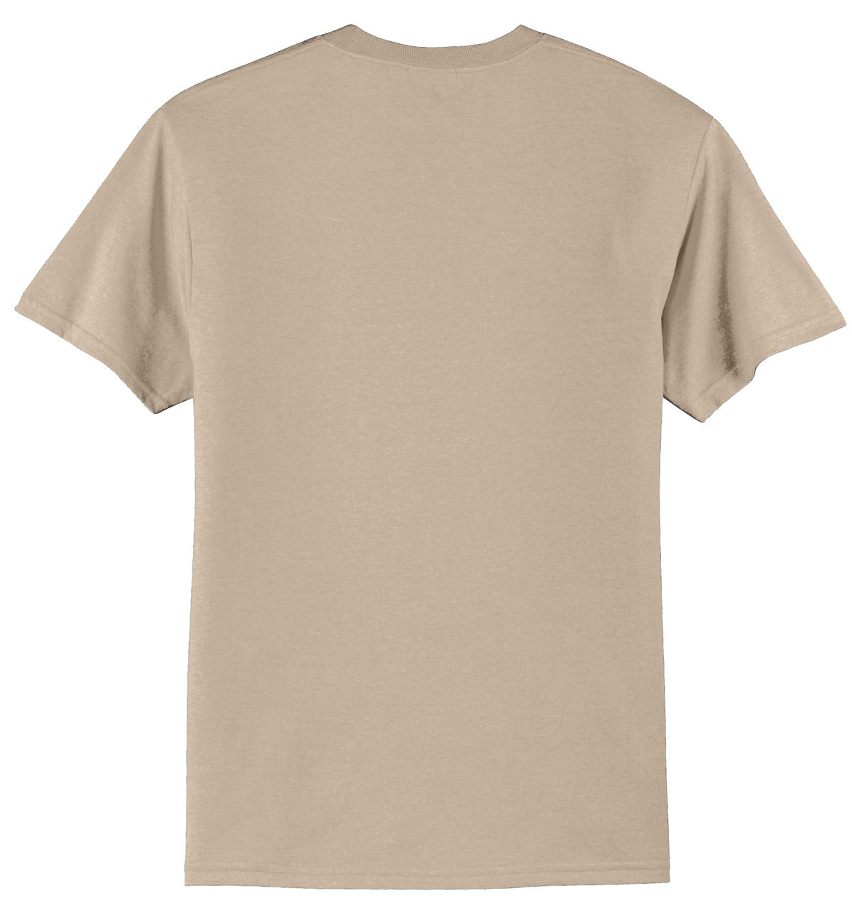 Port company desert sand T shirt 50/50 cotton poly soft comfortable and durable tee showing the back of the shirt against a white background