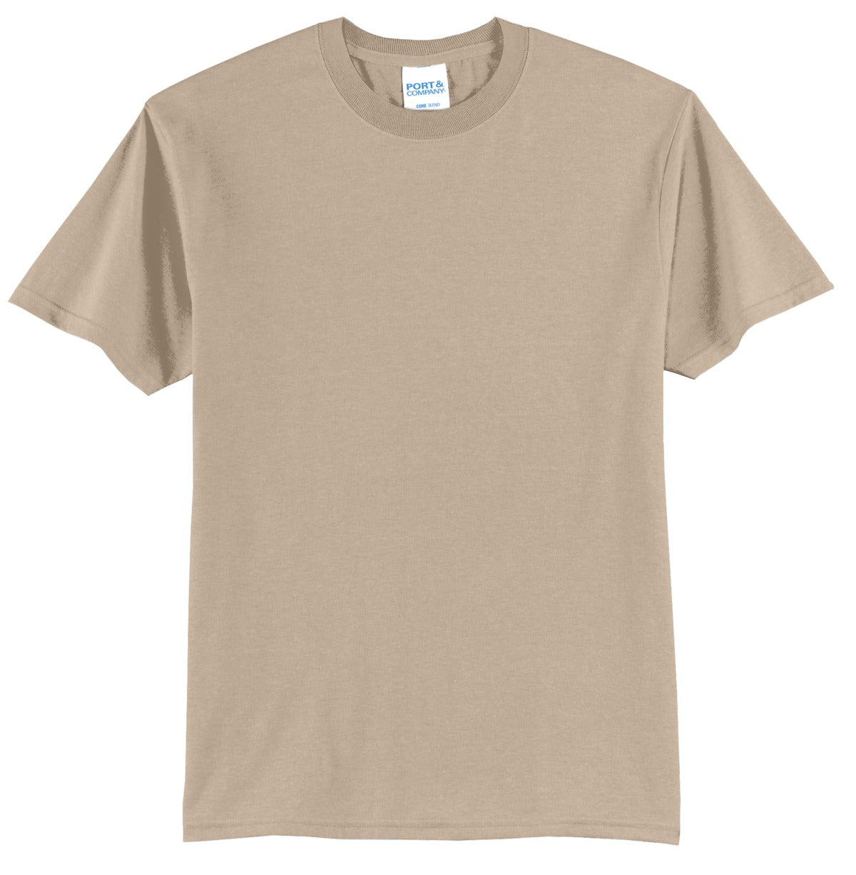 Port company desert sand T shirt 50/50 cotton poly soft comfortable and durable tee against a white background