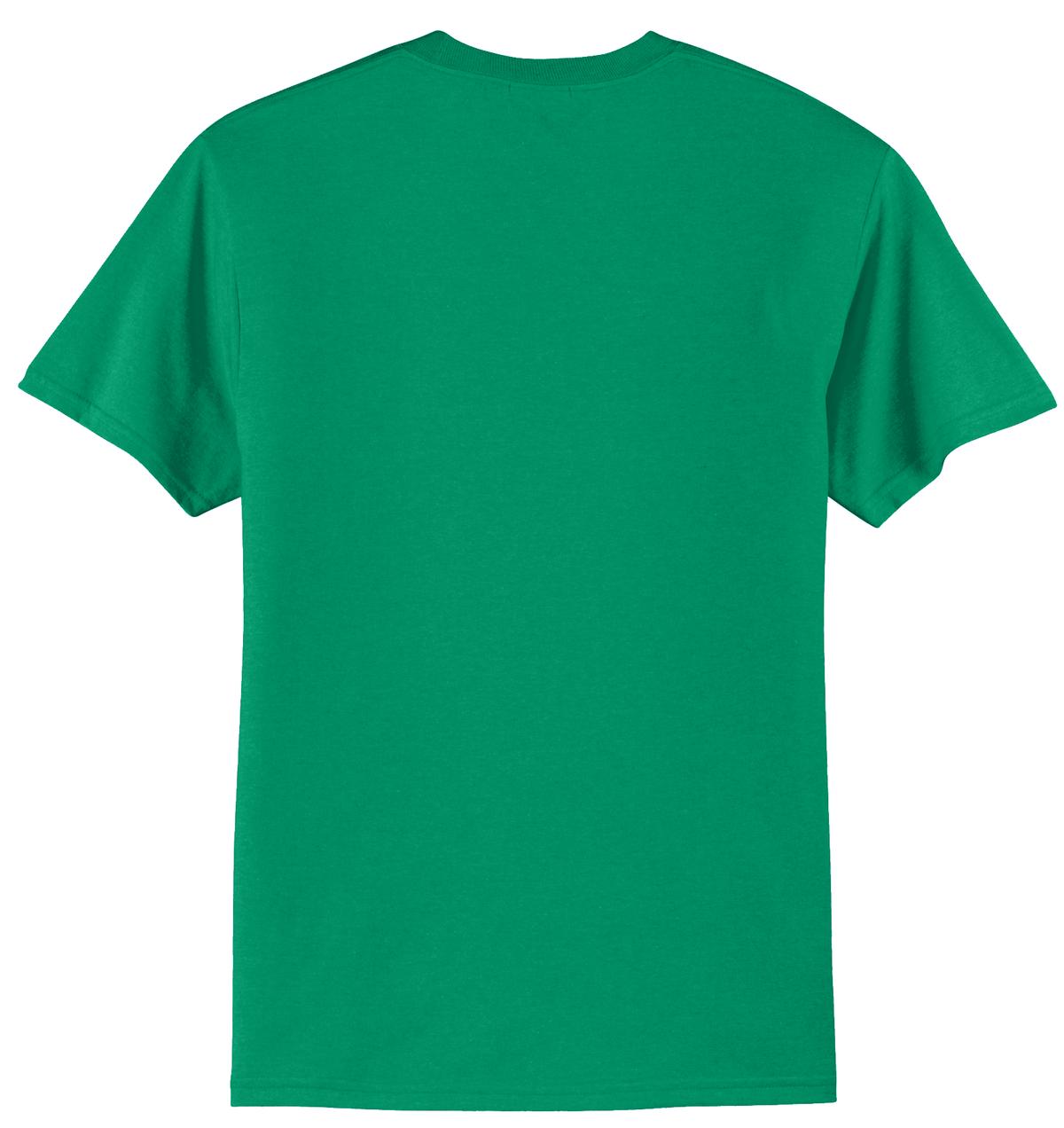 Port company kelly green T shirt 50/50 cotton poly soft comfortable and durable tee showing the back of the shirt against a white background