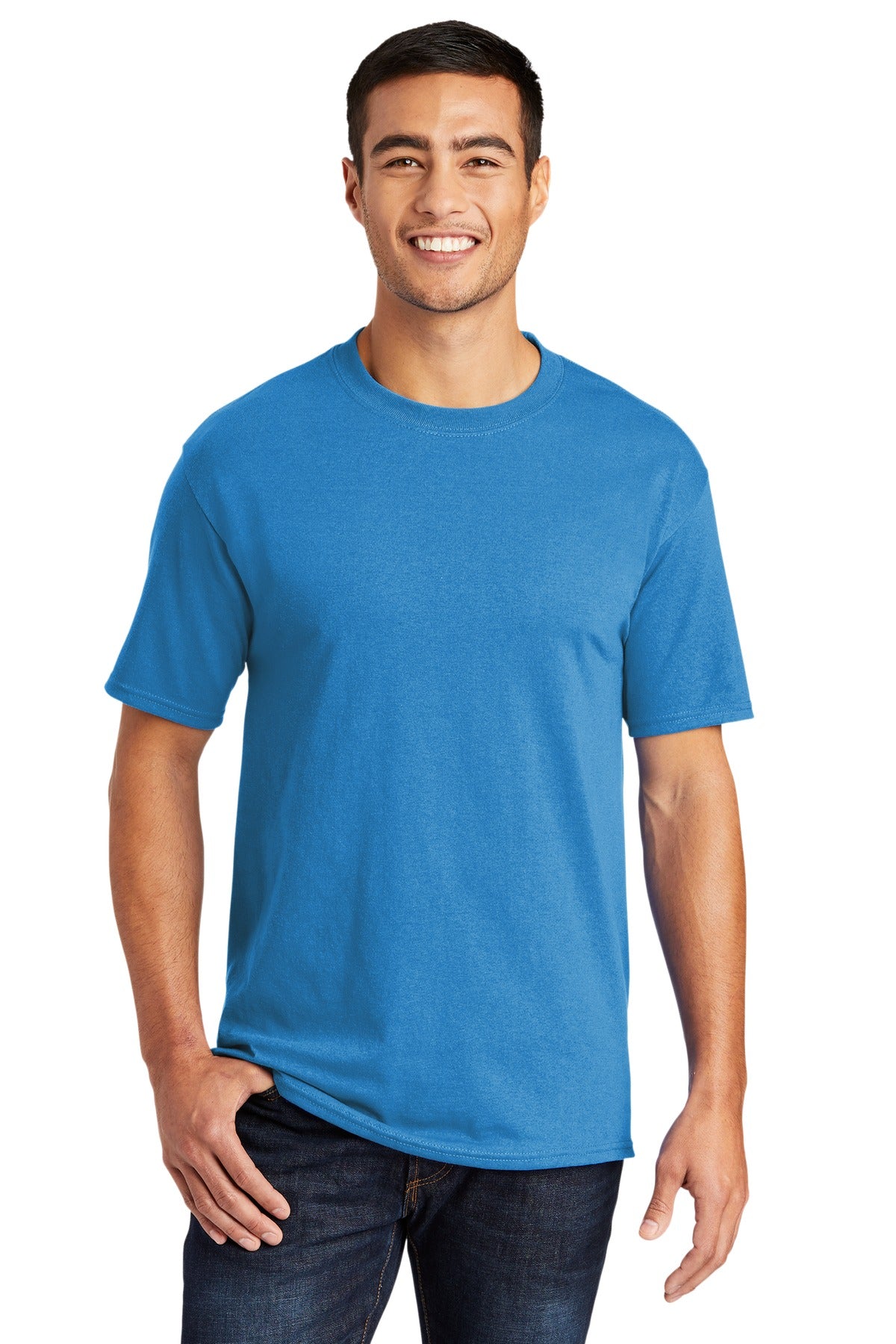 Tall male model 6'4 wearing a medium sapphire colored port & Company Tall Core Blend Tee 50/50 cotton/poly t shirt against a white background