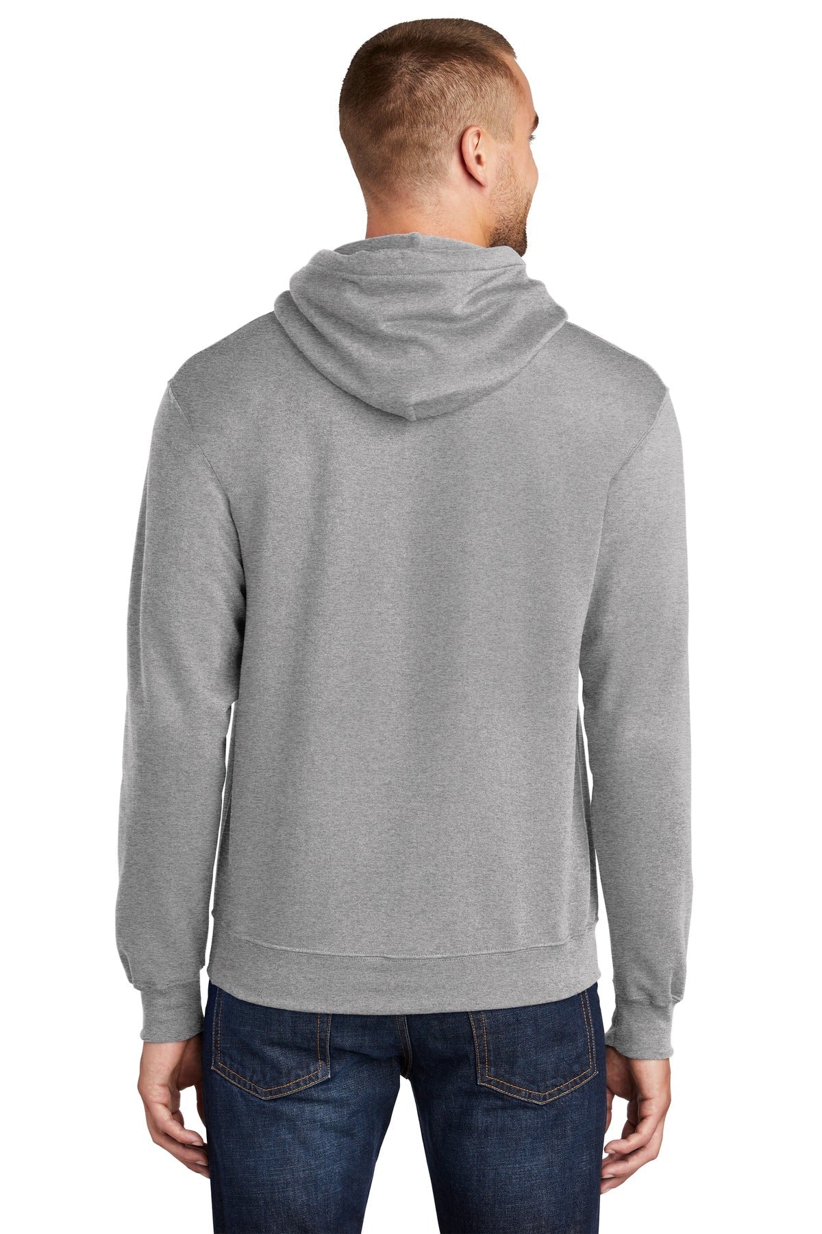 tall male model 6'3 wearing a medium athletic heather colored Port & Company Tall Pullover Hooded Sweatshirt 50/50 cotton/poly blend showing the back of the shirt against a white background