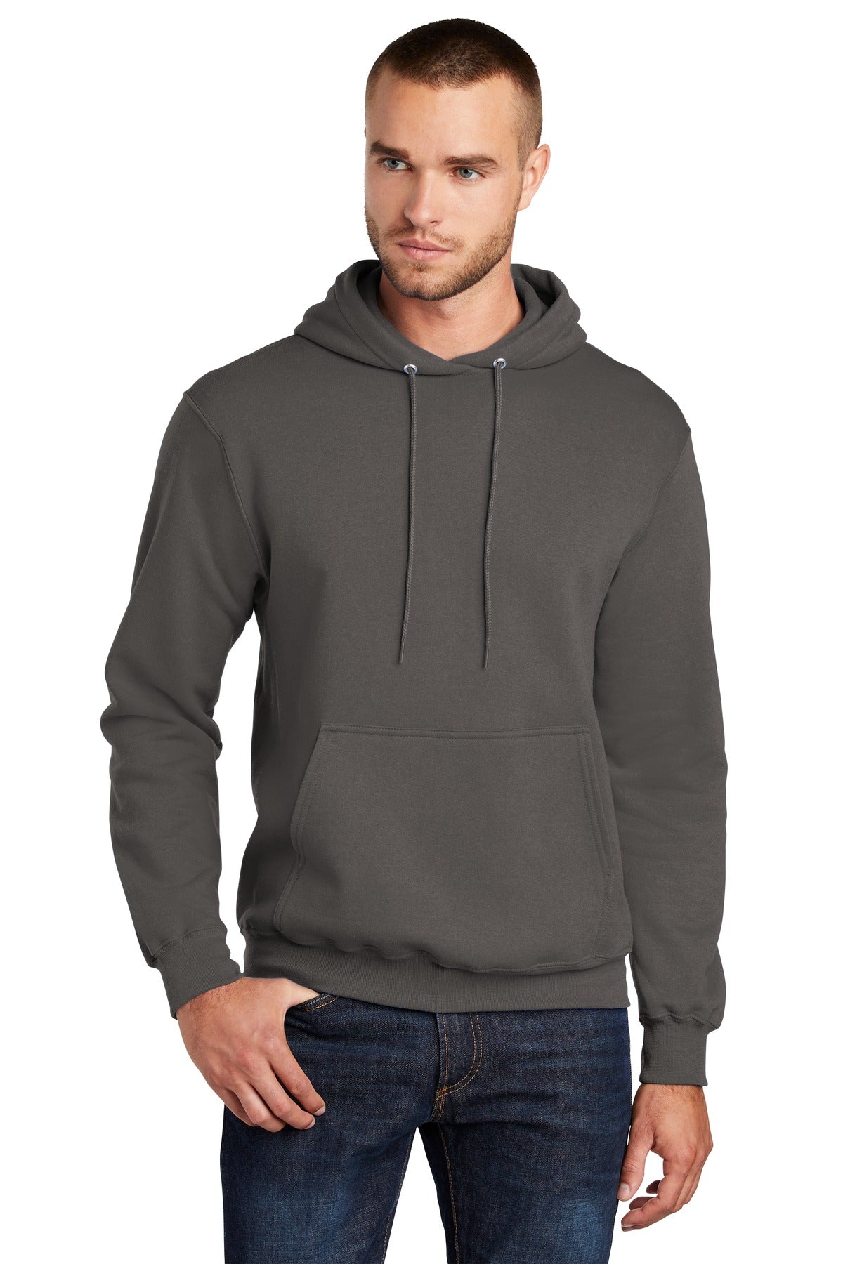 tall male model 6'3 wearing a medium charcoal colored Port & Company Tall Pullover Hooded Sweatshirt 50/50 cotton/poly blend against a white background