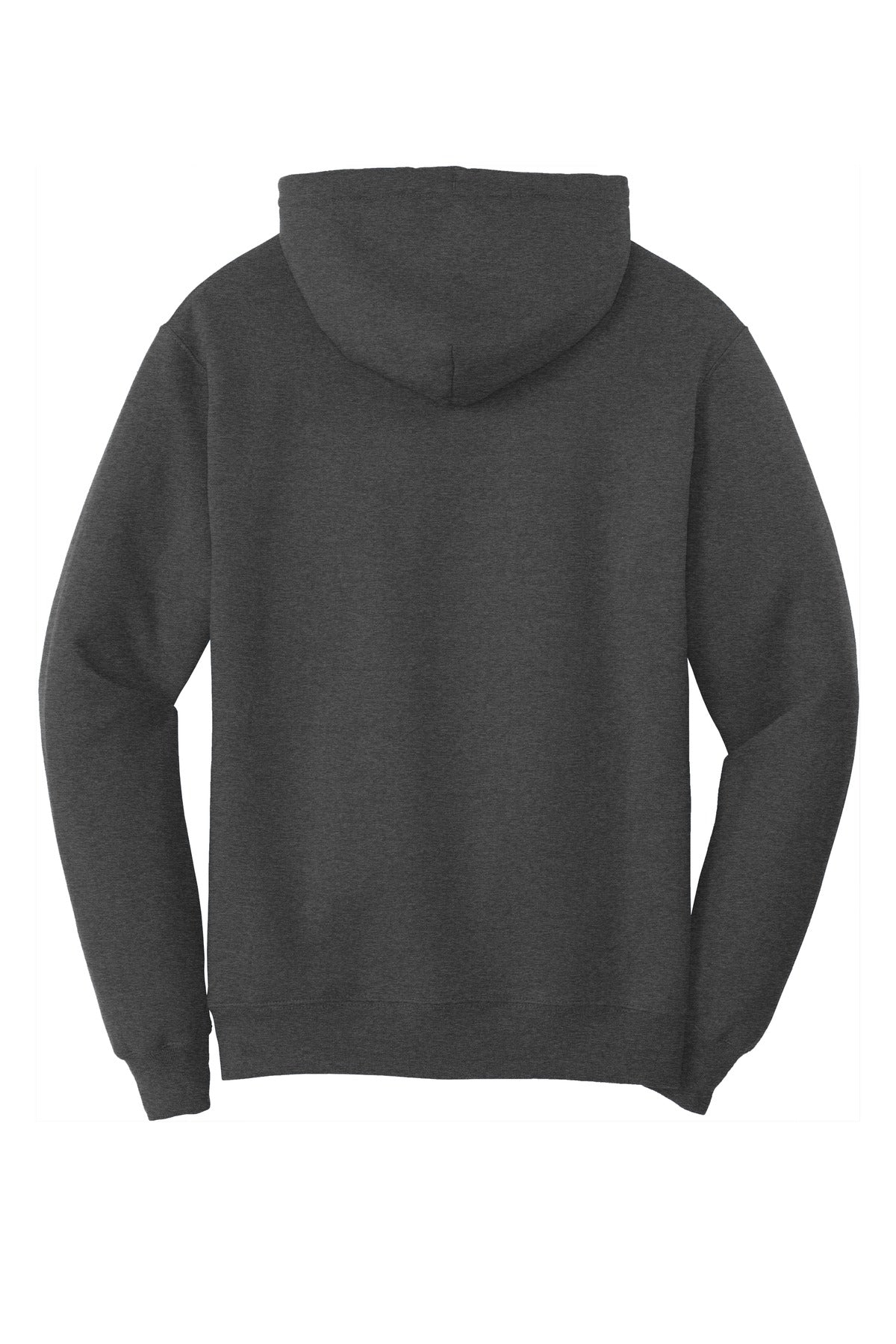 dark heather grey colored Port & Company Tall Pullover Hooded Sweatshirt 50/50 cotton/poly blend showing the back of the shirt against a white background