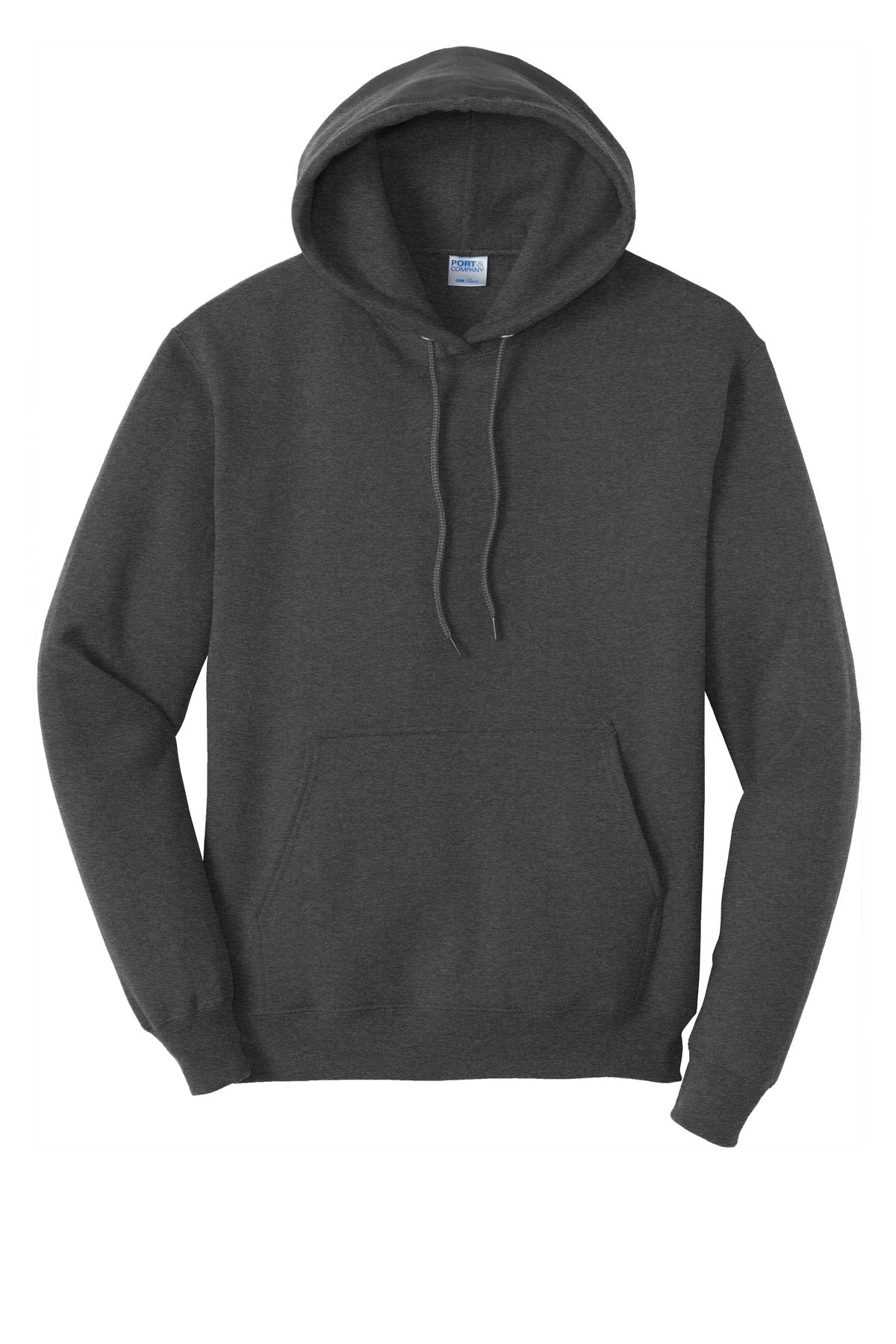 dark heather grey colored Port & Company Tall Pullover Hooded Sweatshirt 50/50 cotton/poly blend against a white background