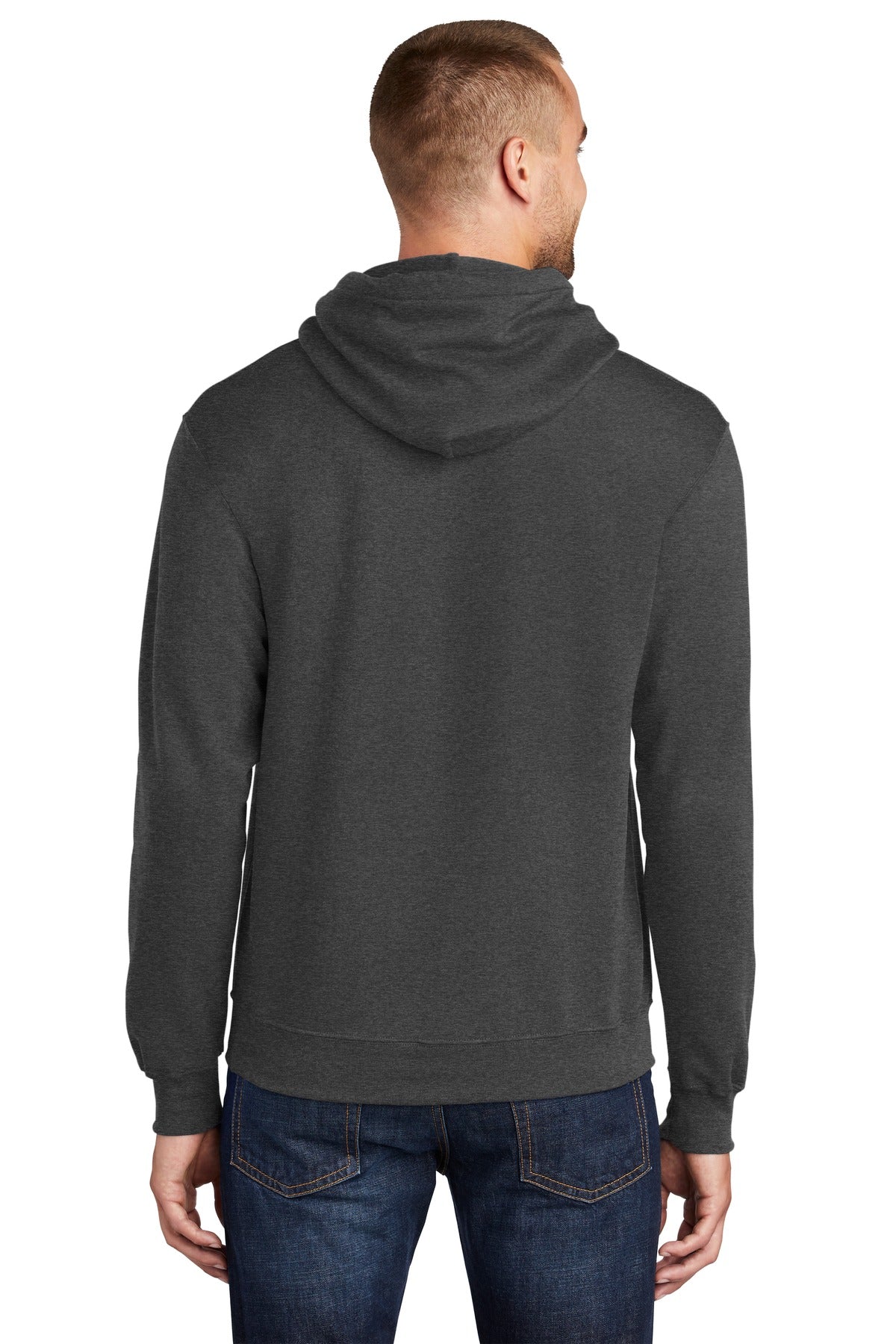 tall male model 6'3 wearing a medium dark heather grey colored Port & Company Tall Pullover Hooded Sweatshirt 50/50 cotton/poly blend showing the back of the shirt against a white background