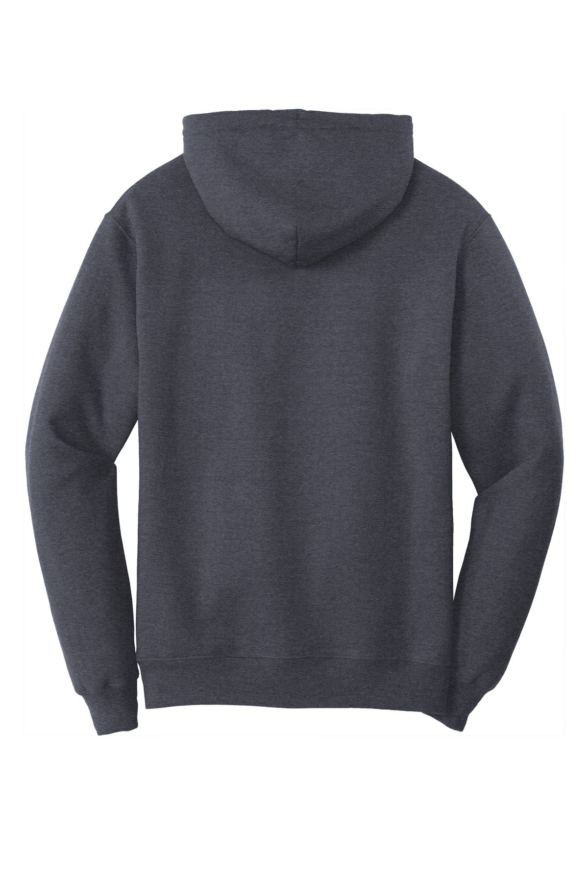 heather navy colored Port & Company Tall Pullover Hooded Sweatshirt 50/50 cotton/poly blend showing the back of the shirt against a white background