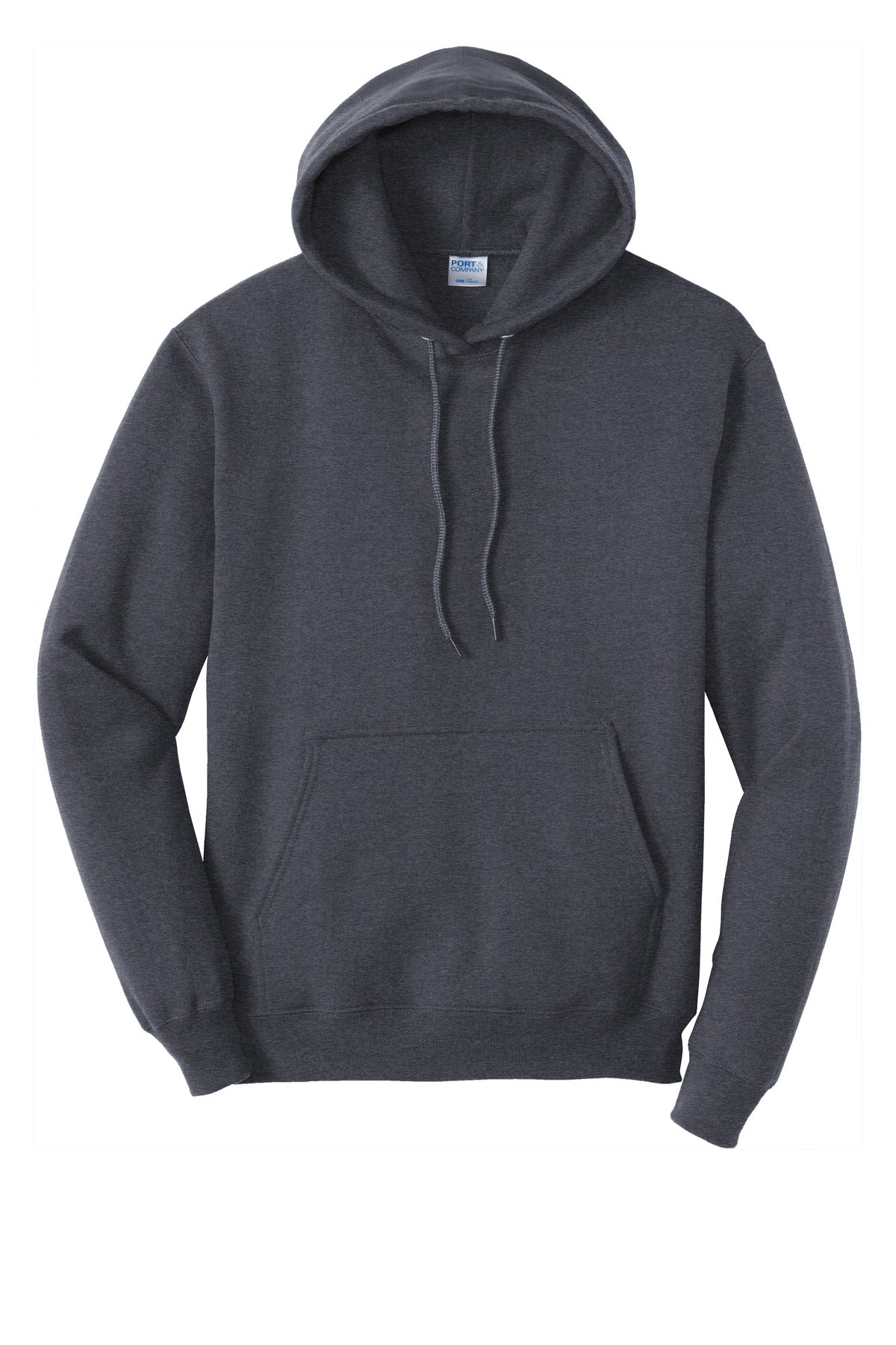 heather navy colored Port & Company Tall Pullover Hooded Sweatshirt 50/50 cotton/poly blend against a white background