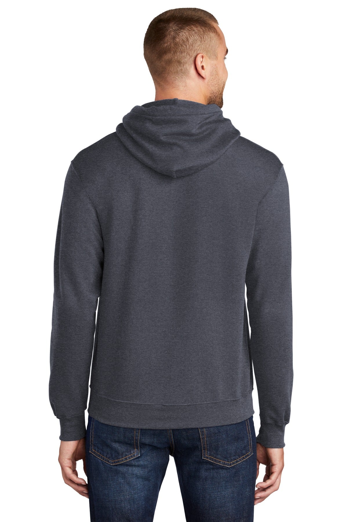 tall male model 6'3 wearing a medium heather navy colored Port & Company Tall Pullover Hooded Sweatshirt 50/50 cotton/poly blend showing the back of the shirt against a white background
