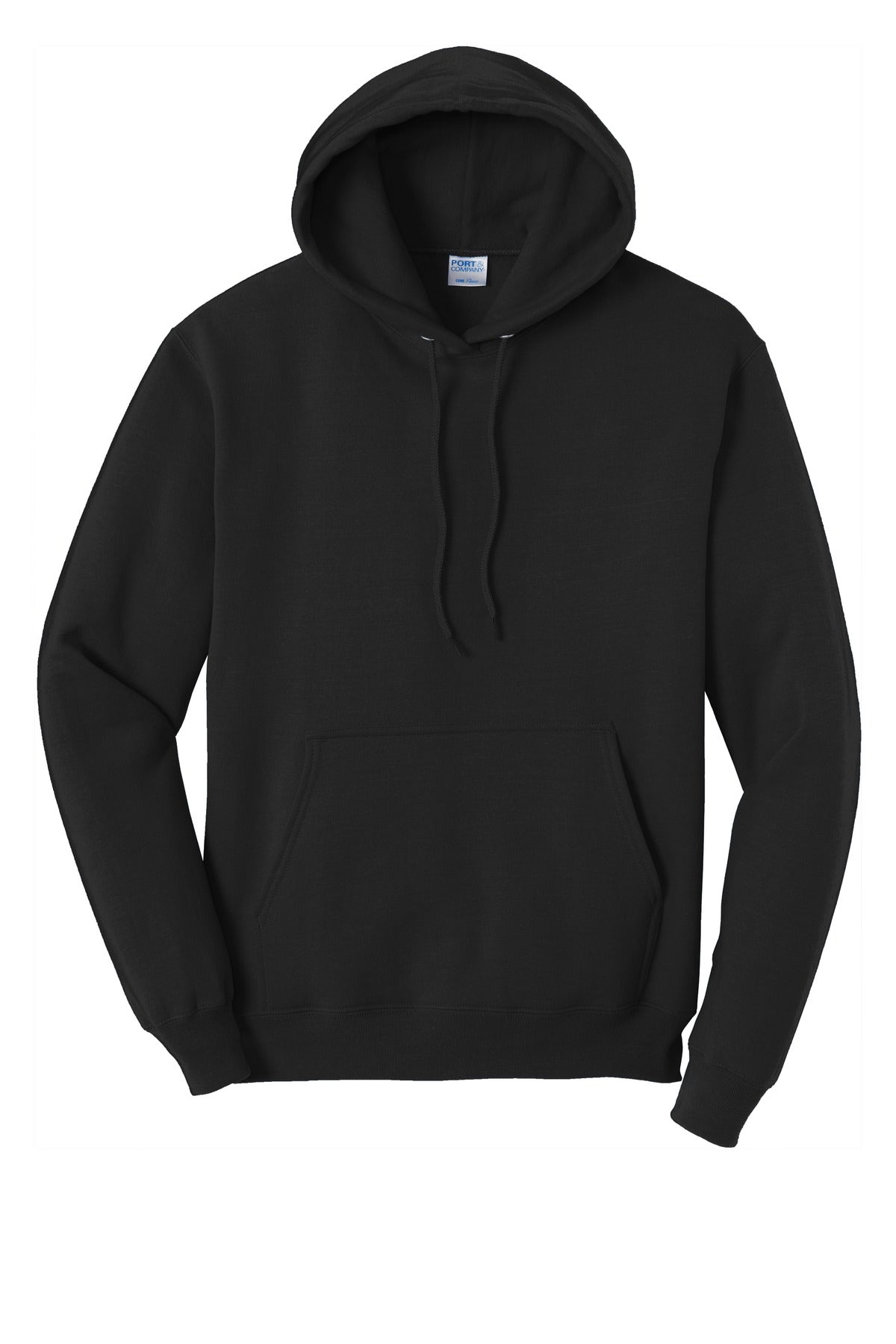 jet black colored Port & Company Tall Pullover Hooded Sweatshirt 50/50 cotton/poly blend against a white background